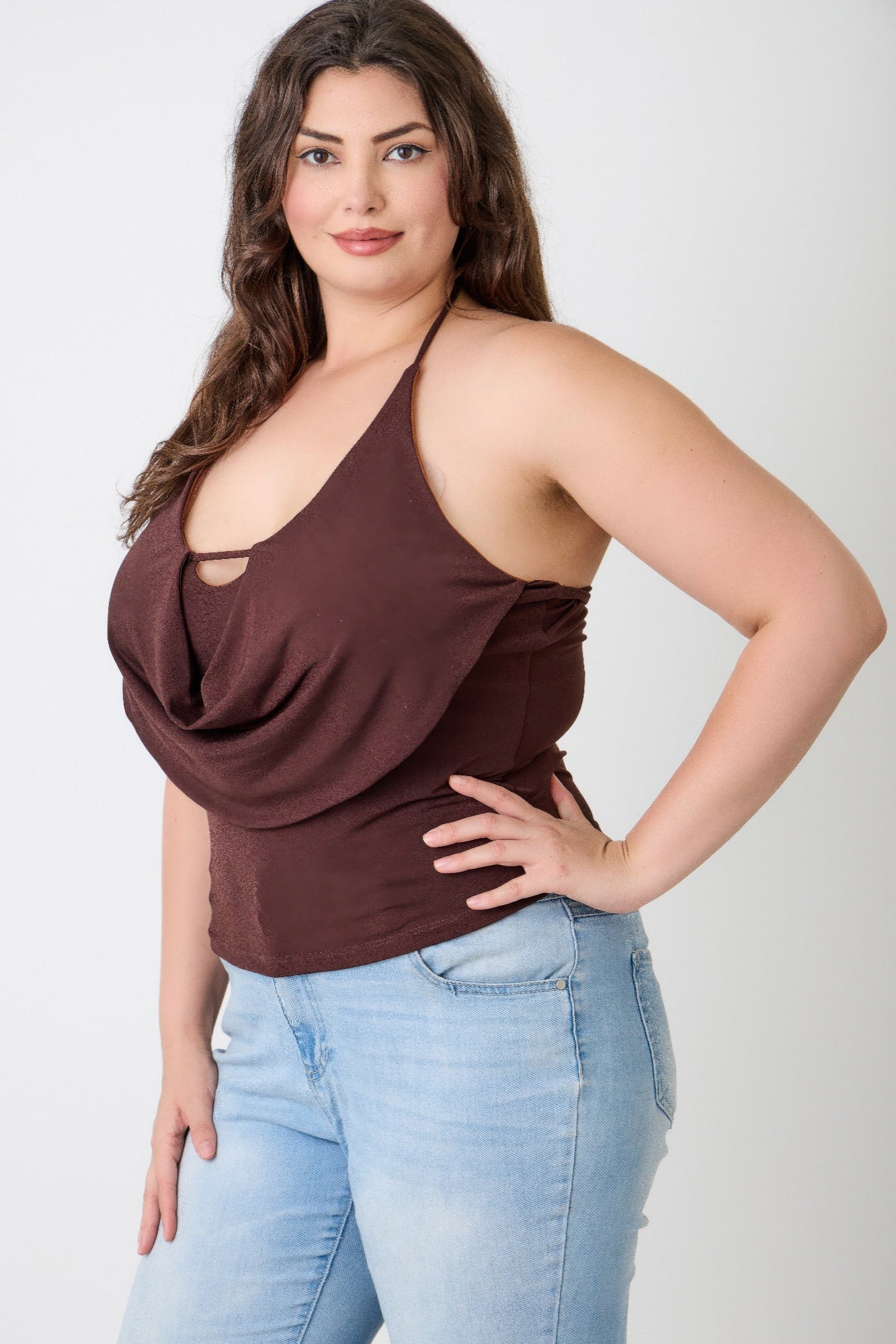 Brown halter cowl neck draped top with long drape and neckline keyhole cutout