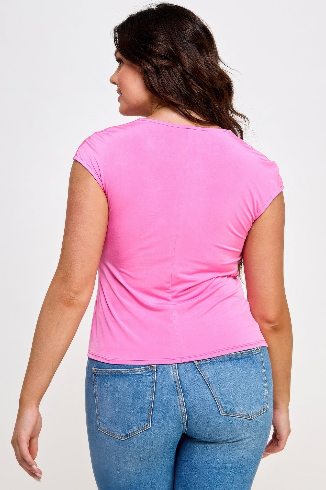 Pretty pink Venezia Square Neck Top back view with gathered waist seam