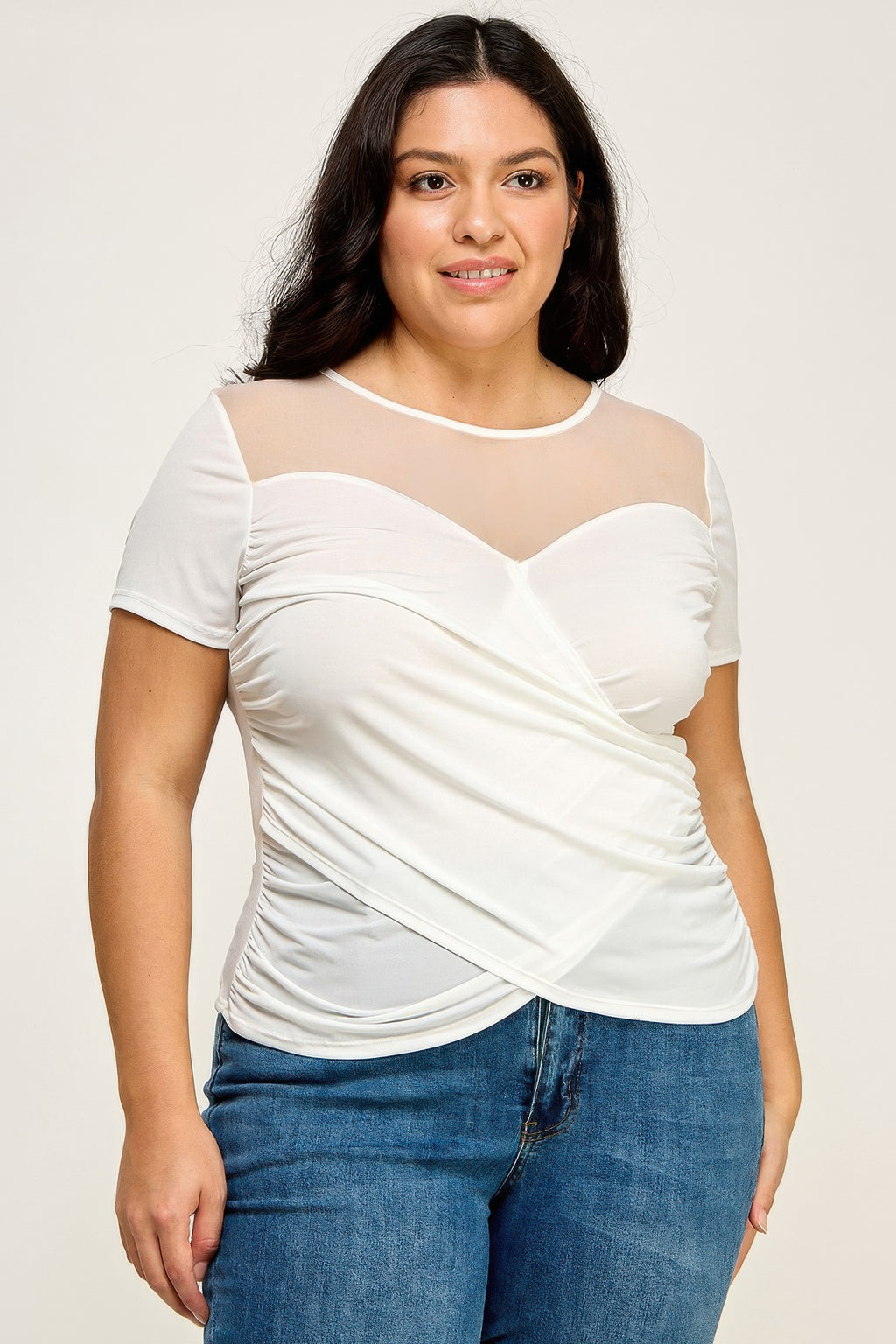 Mesh wrap top, white, short sleeves with V neckline and ruched wrap front