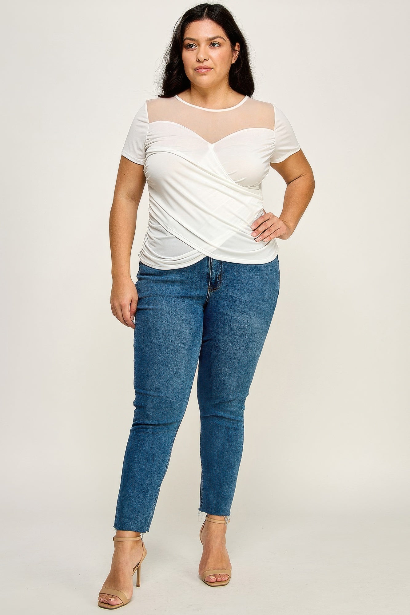 White mesh wrap top with short sleeves and asymmetrical crossed front