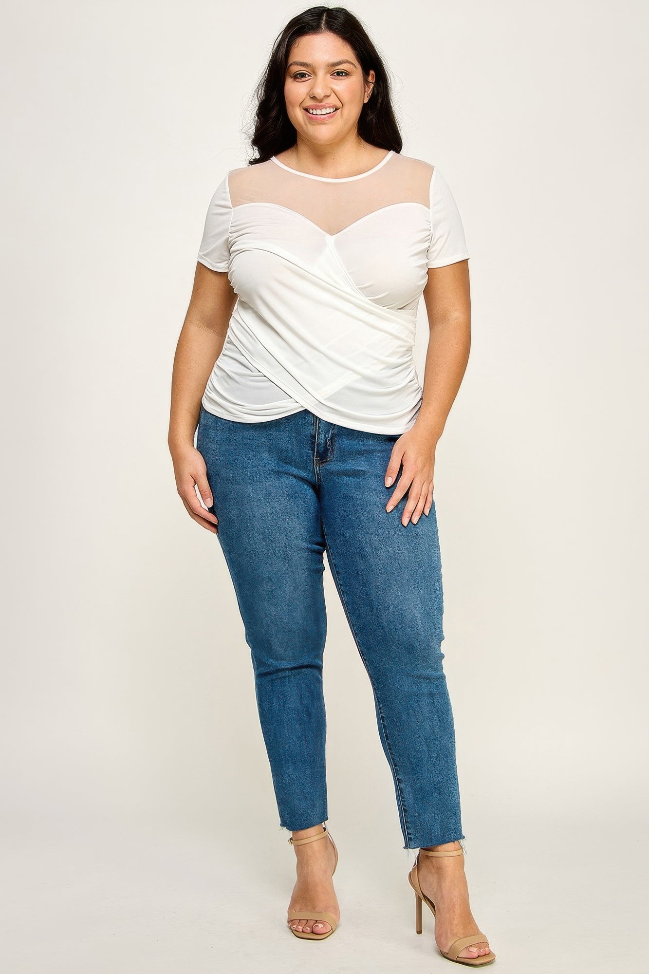White mesh wrap top with draped crossover detail and crew-style neckline