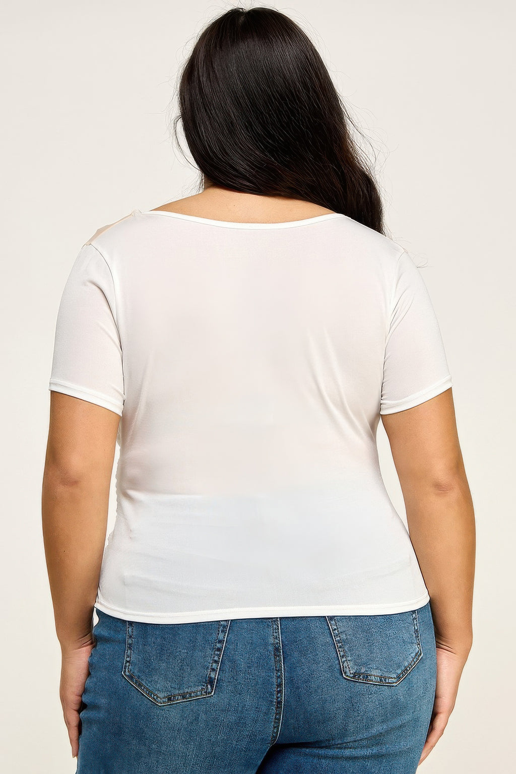 White mesh wrap top back view, short sleeves and smooth draped back