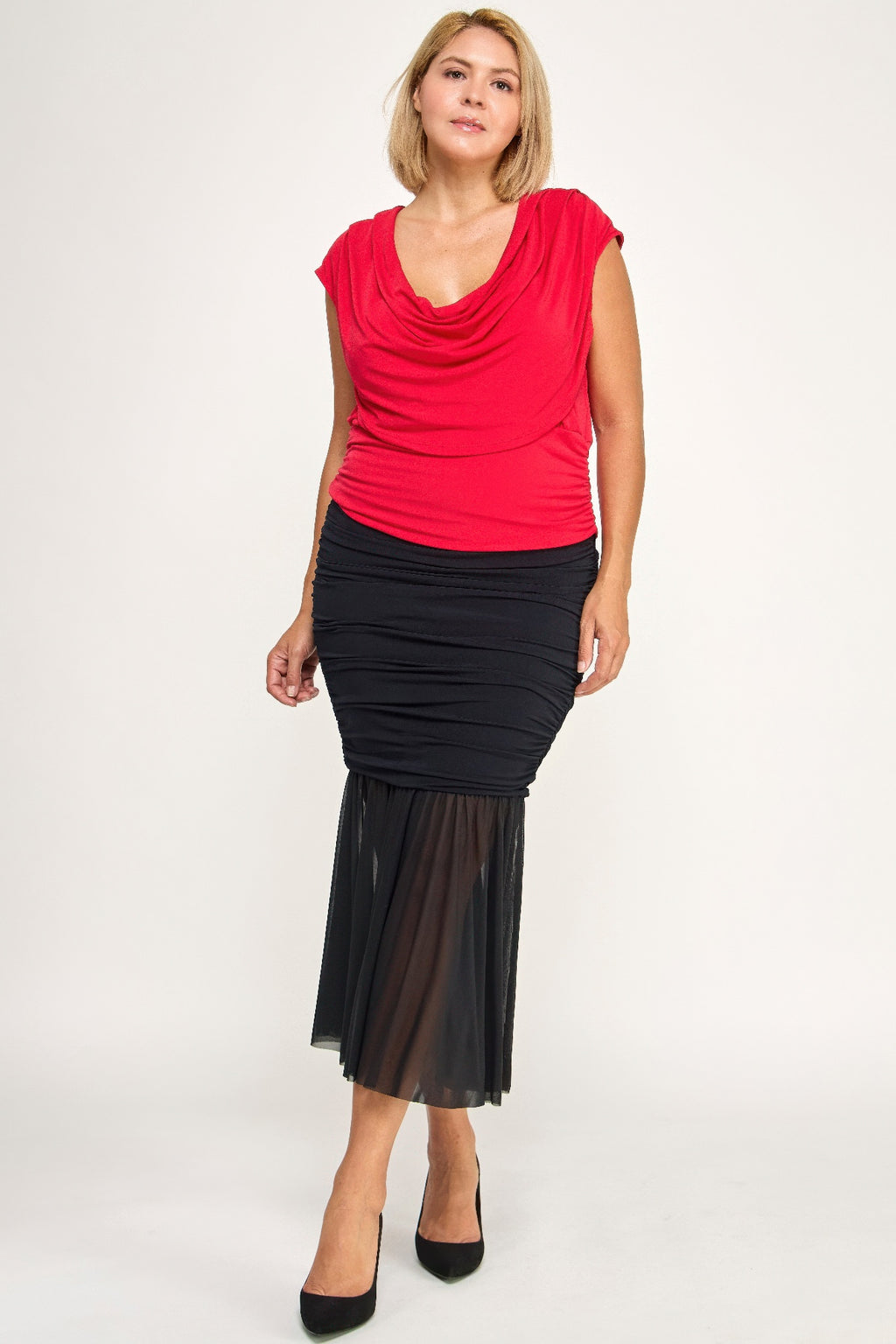 Plus size draped cowl-neck cap-sleeve blouse, red layered cowl at chest