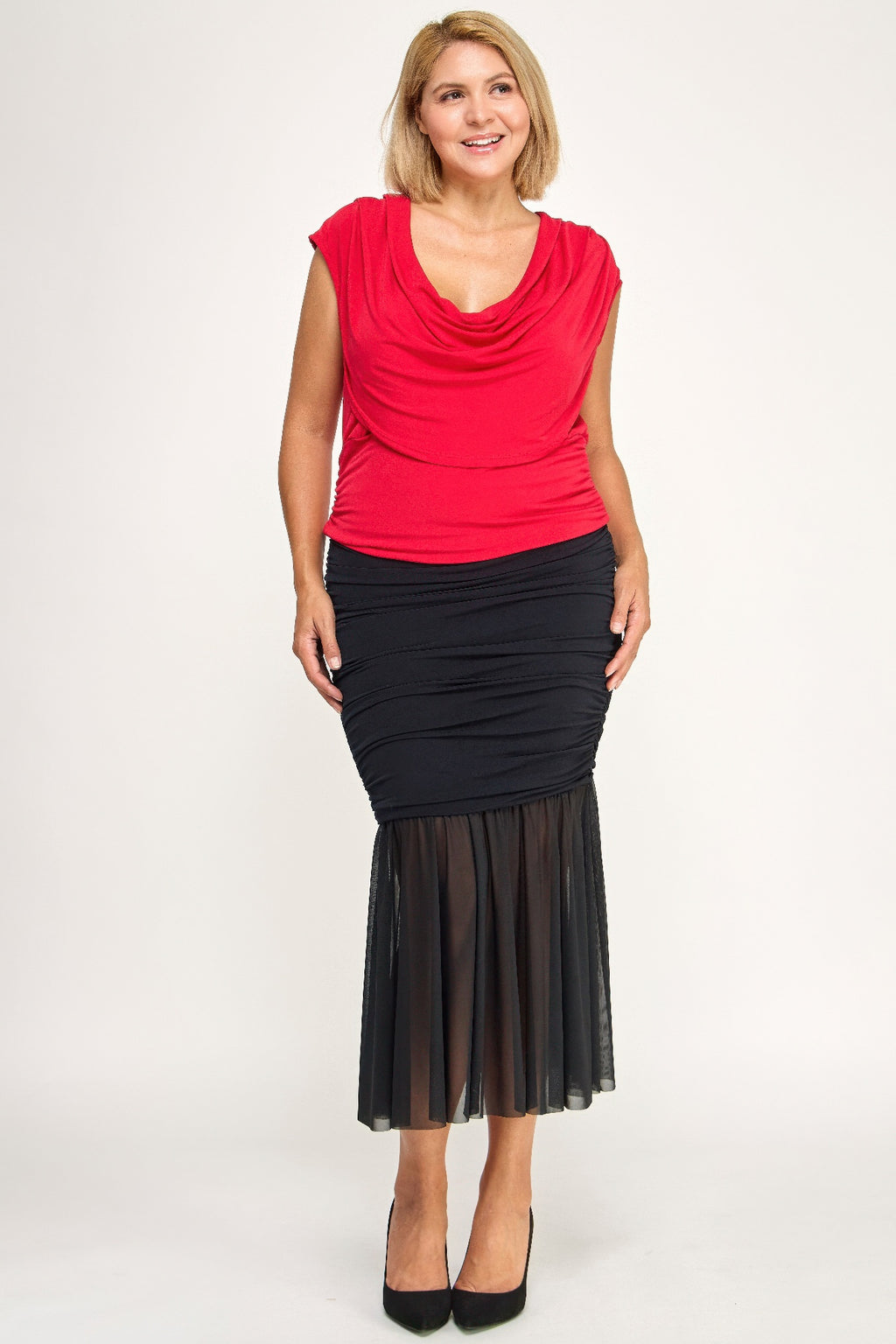 Plus size draped cowl-neck cap-sleeve blouse, red with gathered waist seams