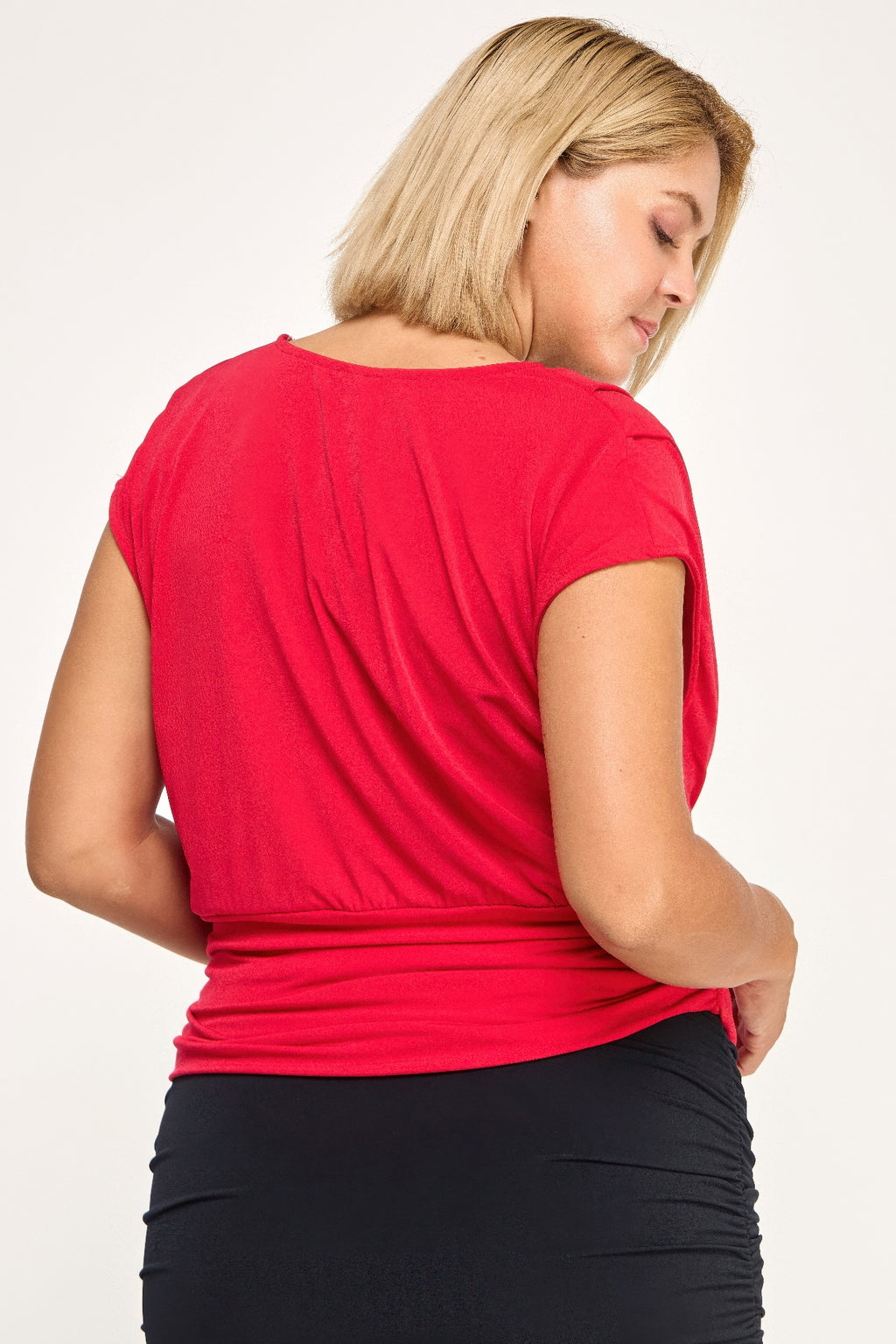 Plus size draped cowl-neck cap-sleeve blouse, red back view with gathered waist