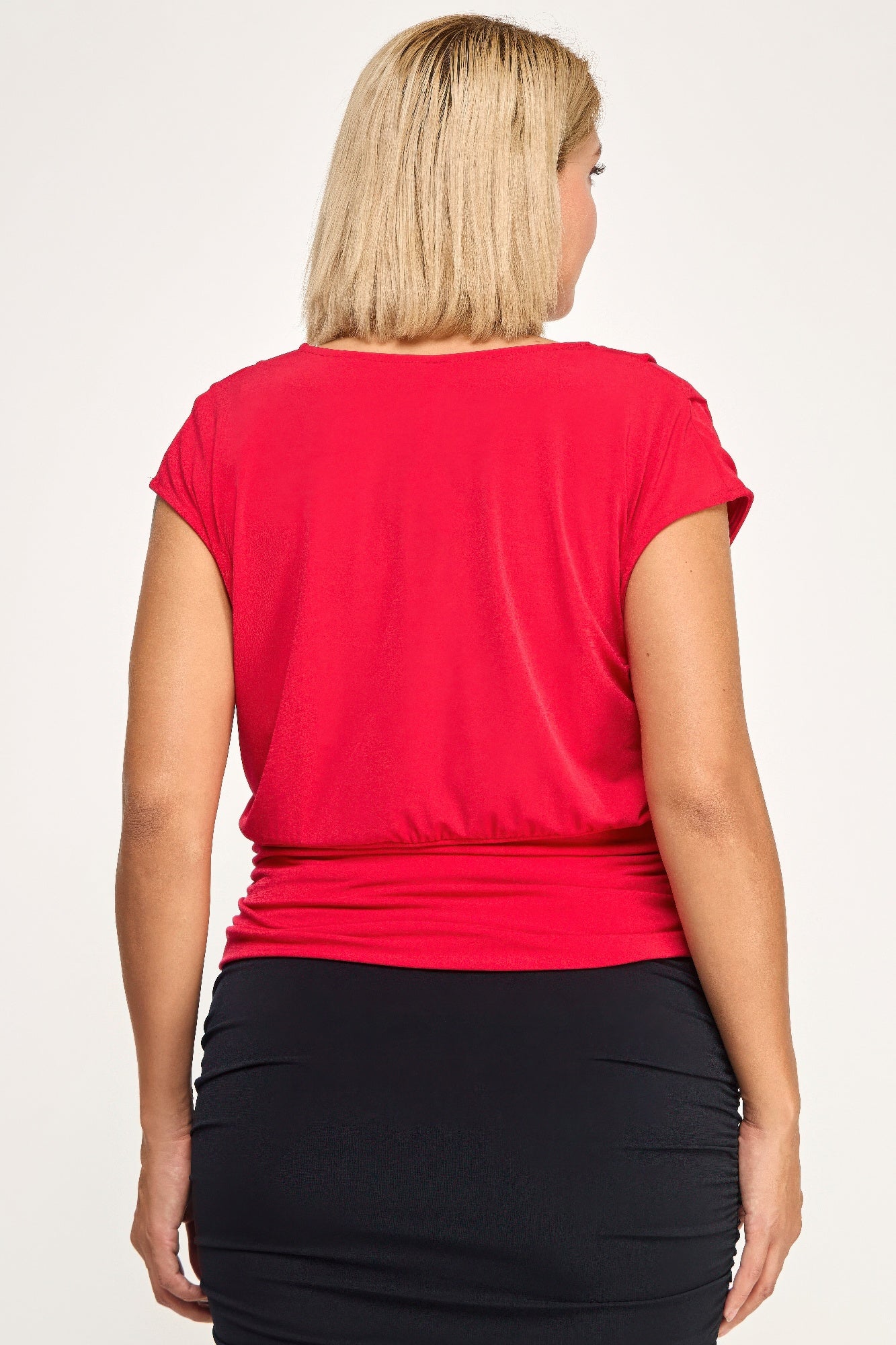 Plus size draped cowl-neck cap-sleeve blouse, red back view with curved shoulder drape