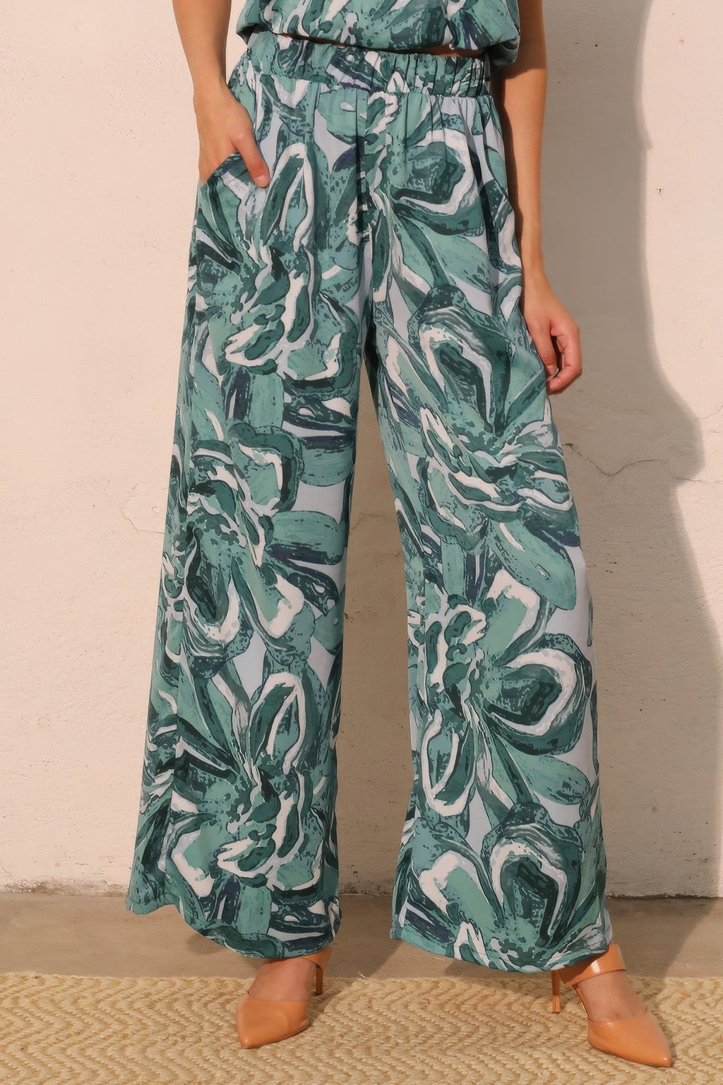 Teal patterned pocket pants with wide leg and elastic waist