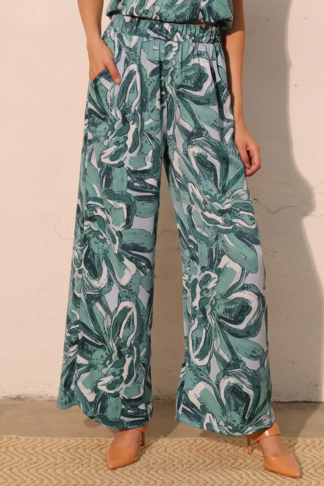 Teal patterned pocket pants with wide leg and elastic waist