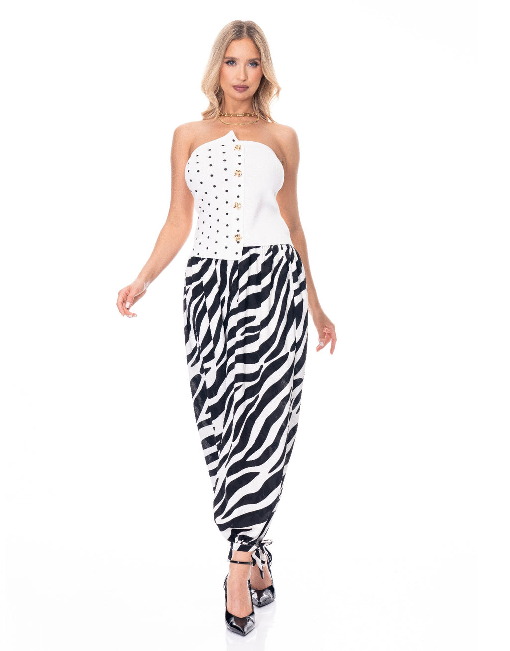 White polka dot bandeau top with front gold button details and strapless neckline