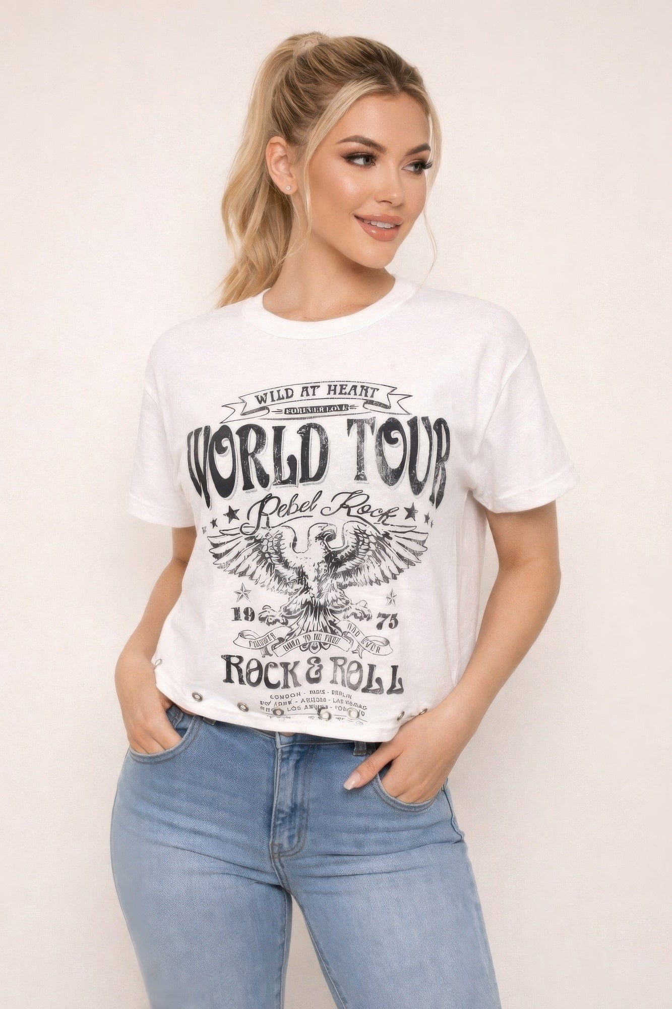 Ivory graphic tee: "World Tour" rebel rock eagle print