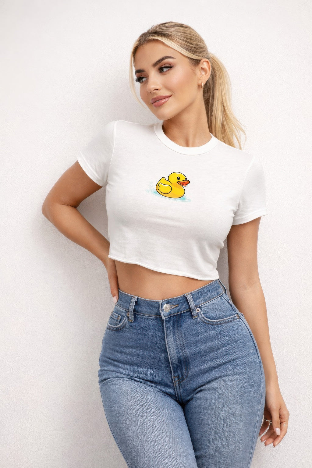 Baby Duck graphic short-sleeve top, white crewneck with yellow duck print