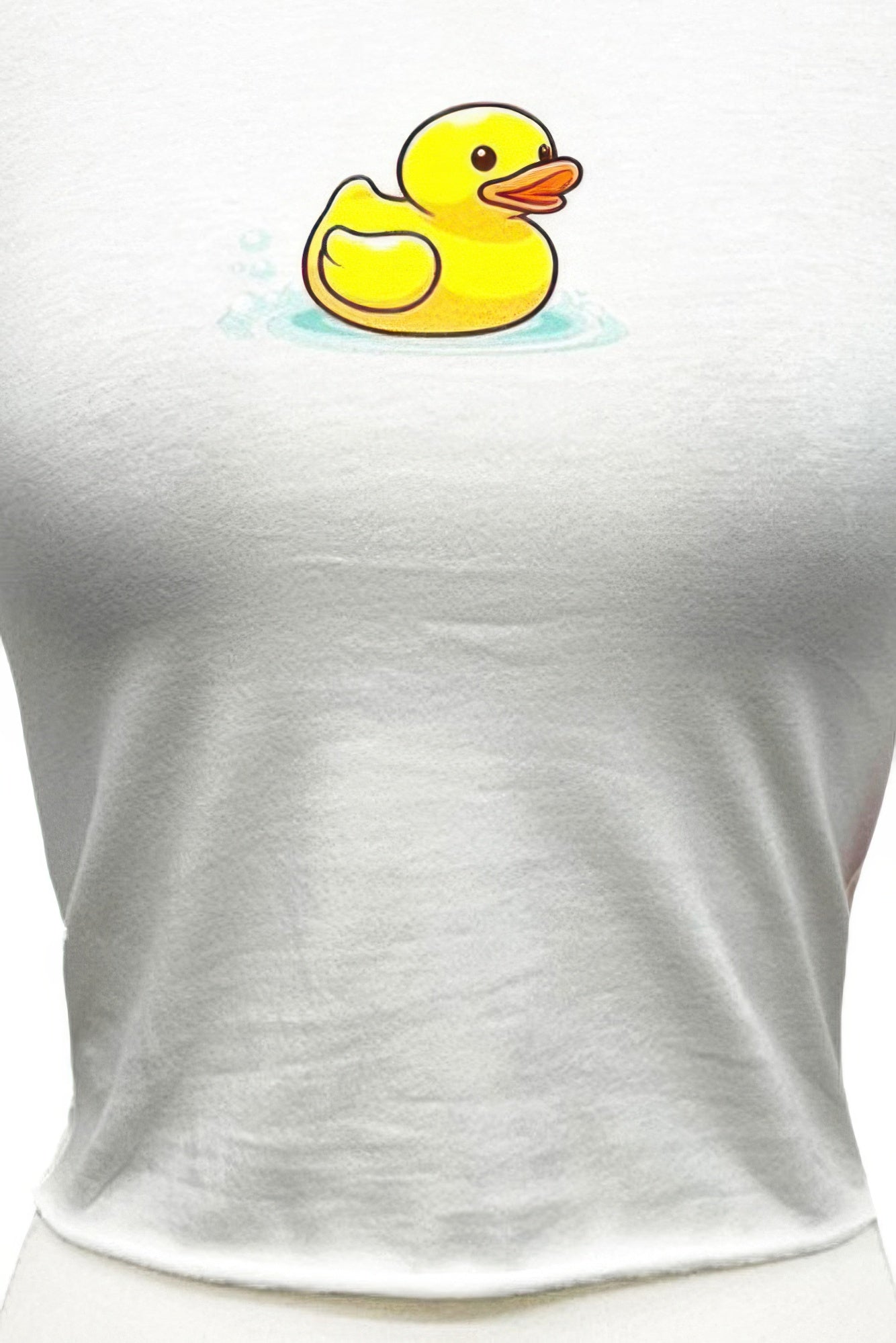Close-up of yellow duck graphic on a white short-sleeve crewneck top