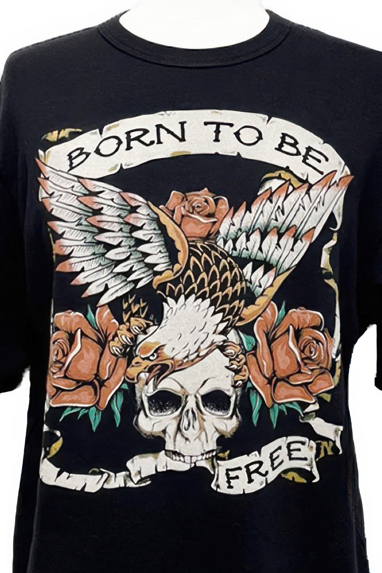 Close-up: black cotton tee front with “Born To Be Free” skull graphic and roses