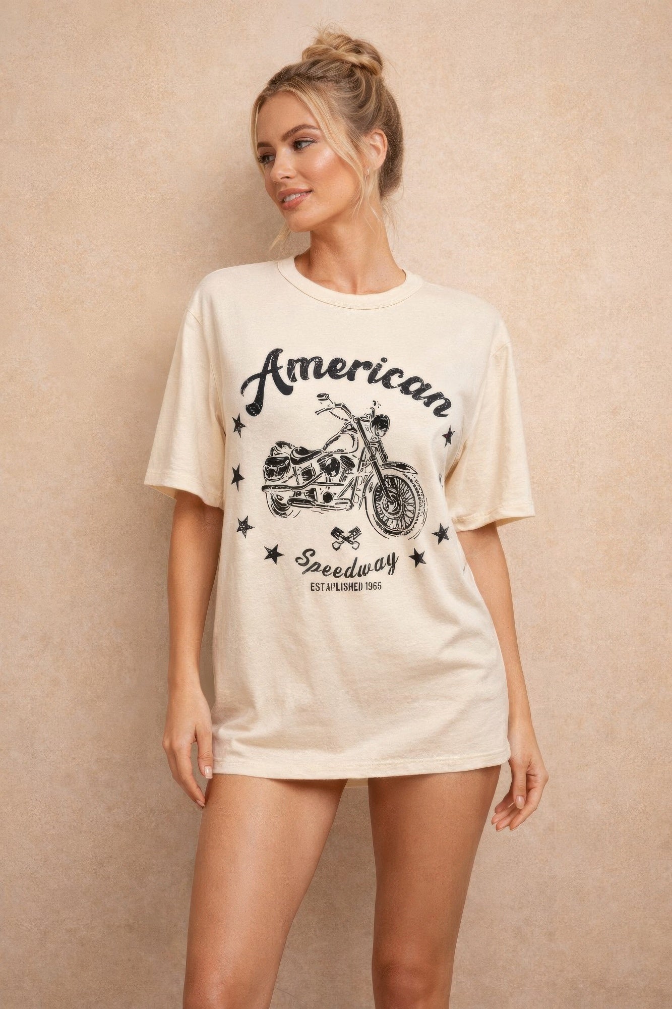Natural boxy cotton top with “American Speedway” biker graphic on the front