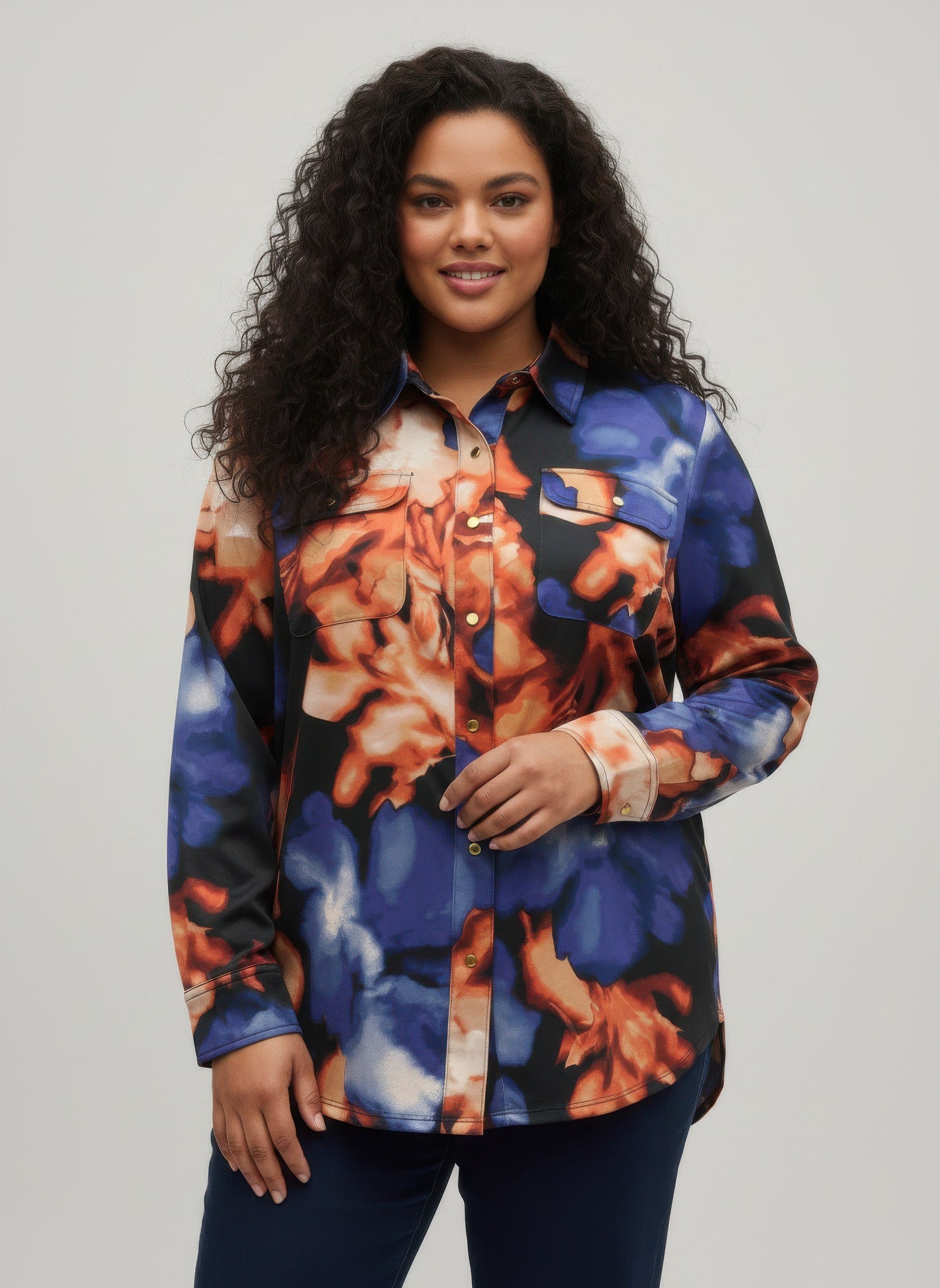 Thomas & Olivia blouse with multicolor abstract print, button front, point collar, chest pockets