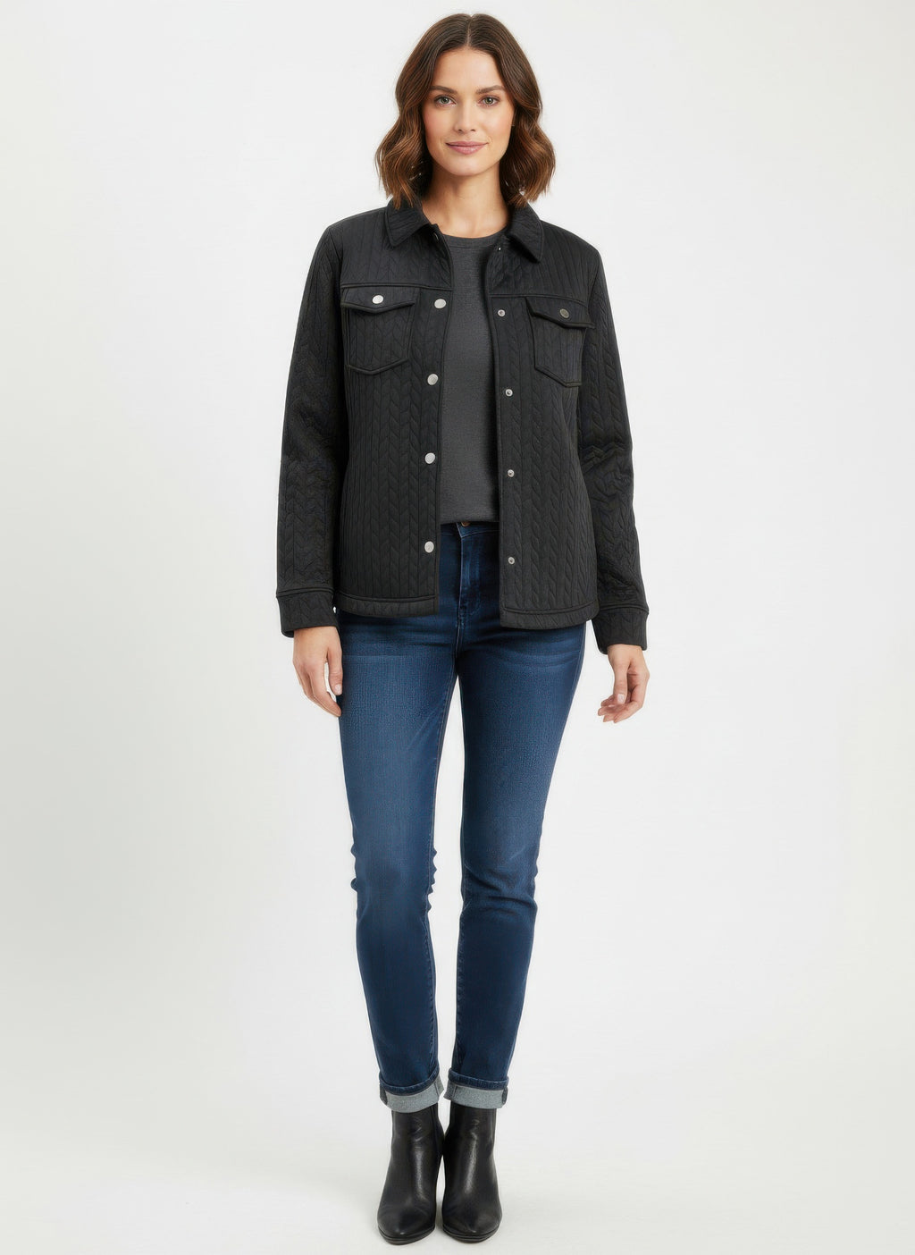 Casual textured jacket, black quilted front with buttoned pockets and snap closures