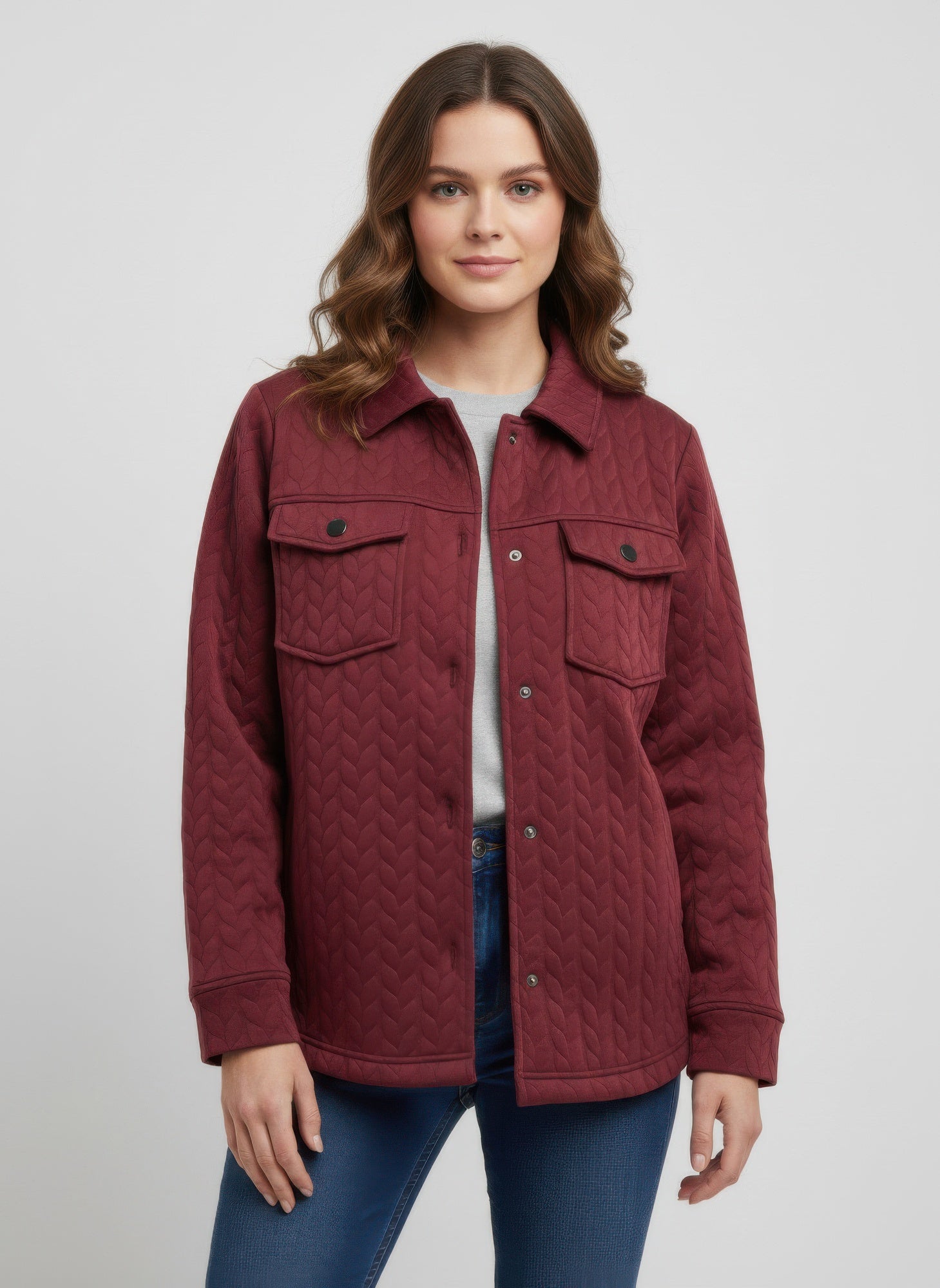 Casual textured jacket, burgundy quilted front with flap chest pockets and snap buttons