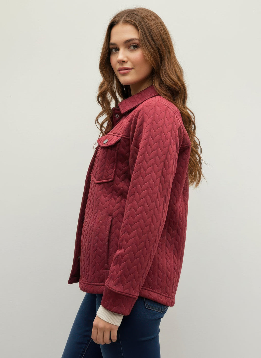 Casual textured jacket, red quilted side with flap pockets and buttoned front