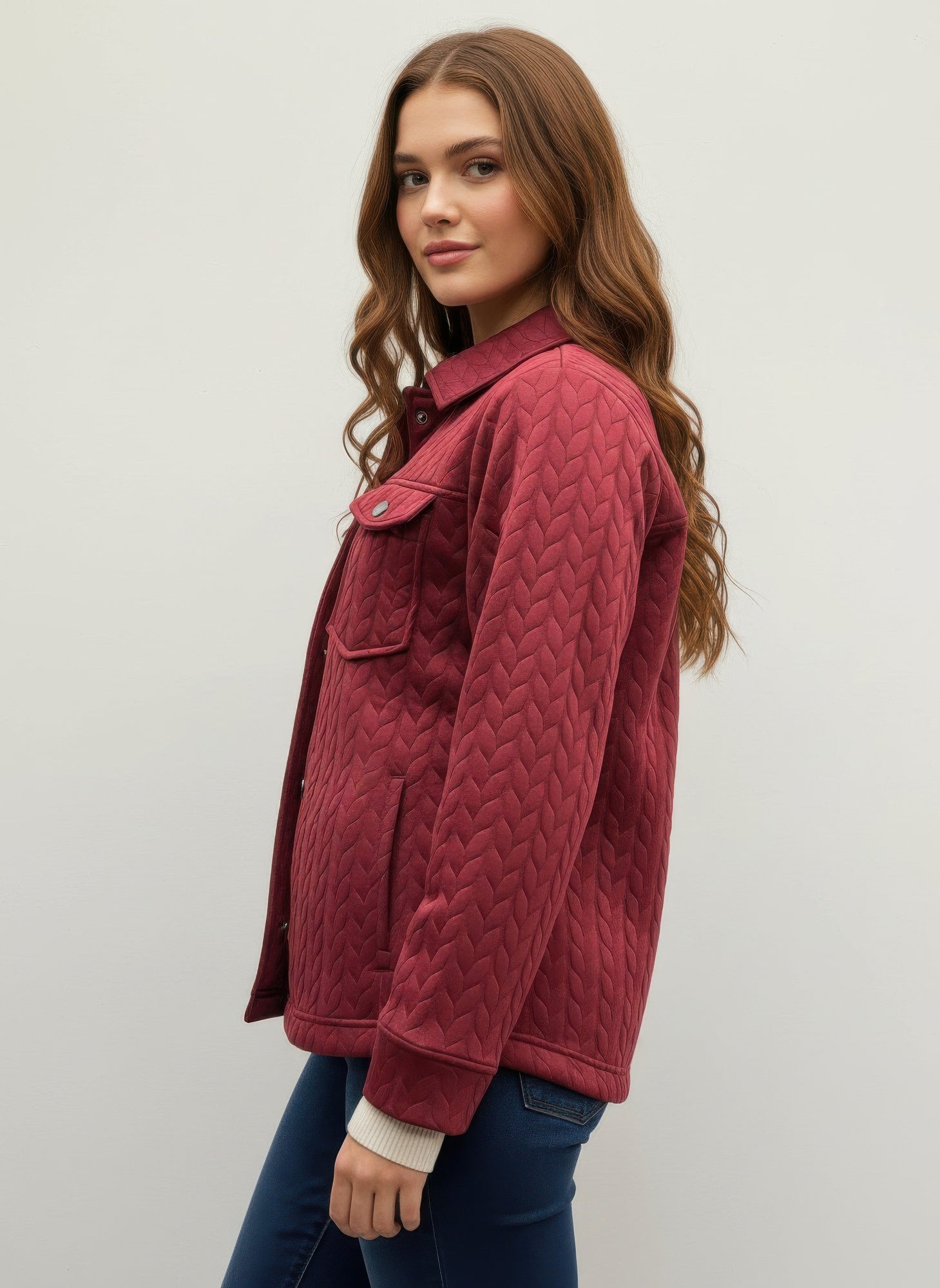 Casual textured jacket, red quilted side with flap pockets and buttoned front