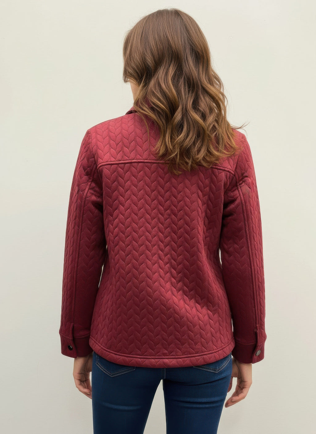 Casual textured jacket, burgundy quilted back with stand collar and buttoned cuffs
