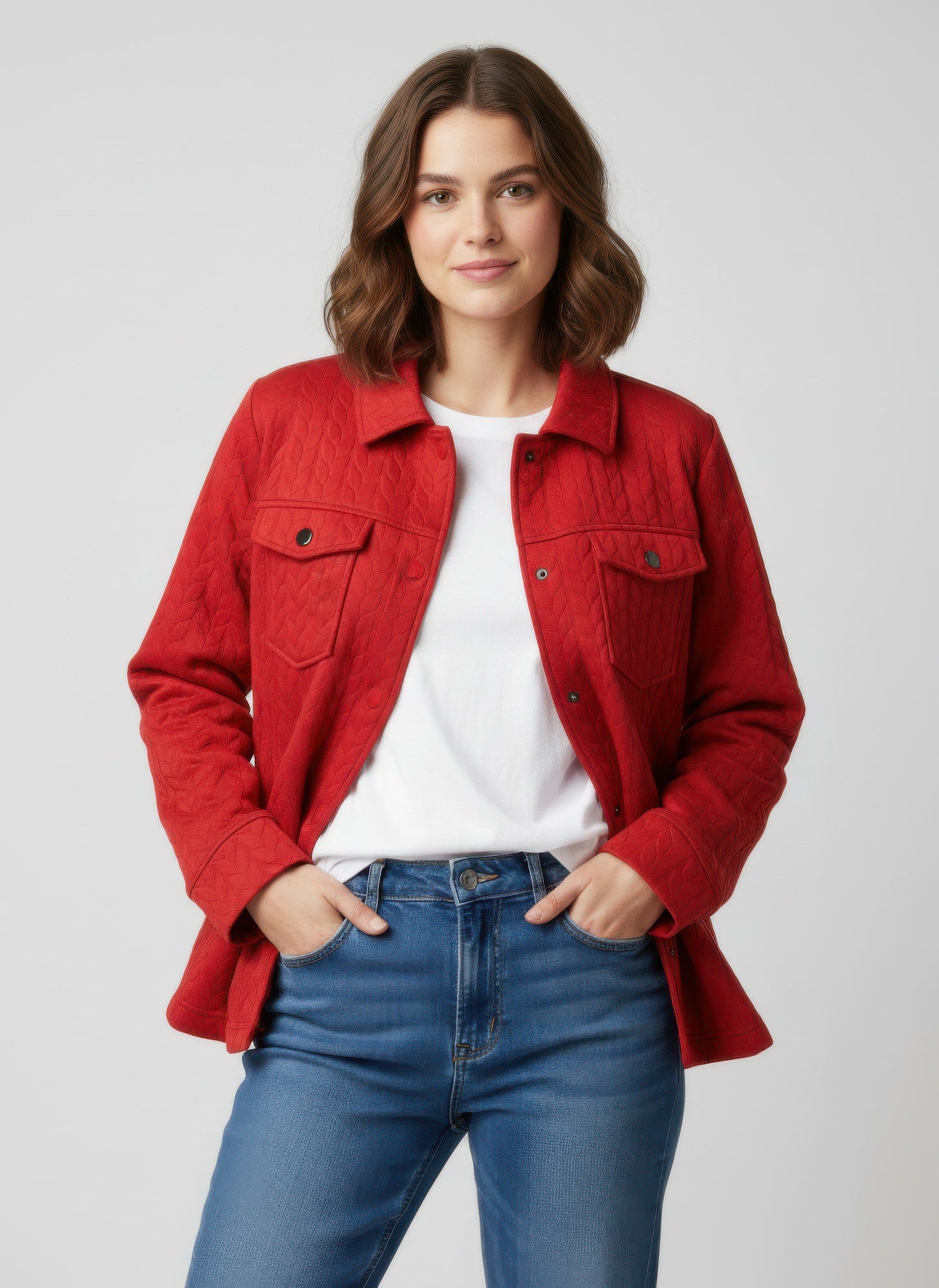 Casual textured jacket, red quilted front with two flap pockets and snap button closure