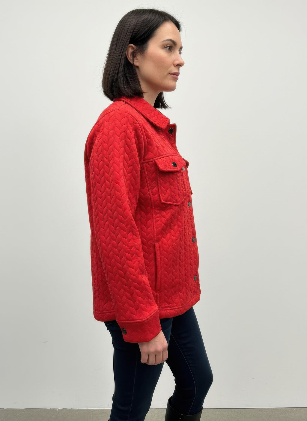 Casual textured jacket in red, front view with buttoned pockets and stand collar