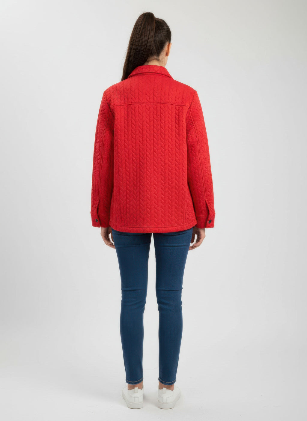 Casual textured jacket in red, back view with quilted pattern and button cuffs