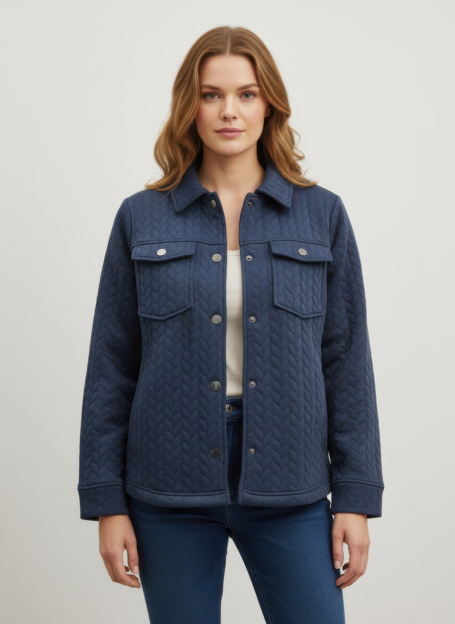 Casual textured jacket, navy quilted front with flap chest pockets and snap button placket