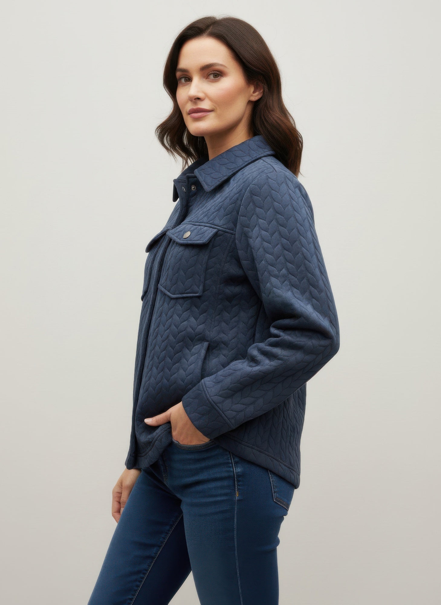Casual textured jacket, navy quilted side with chest flap pocket and snap closures