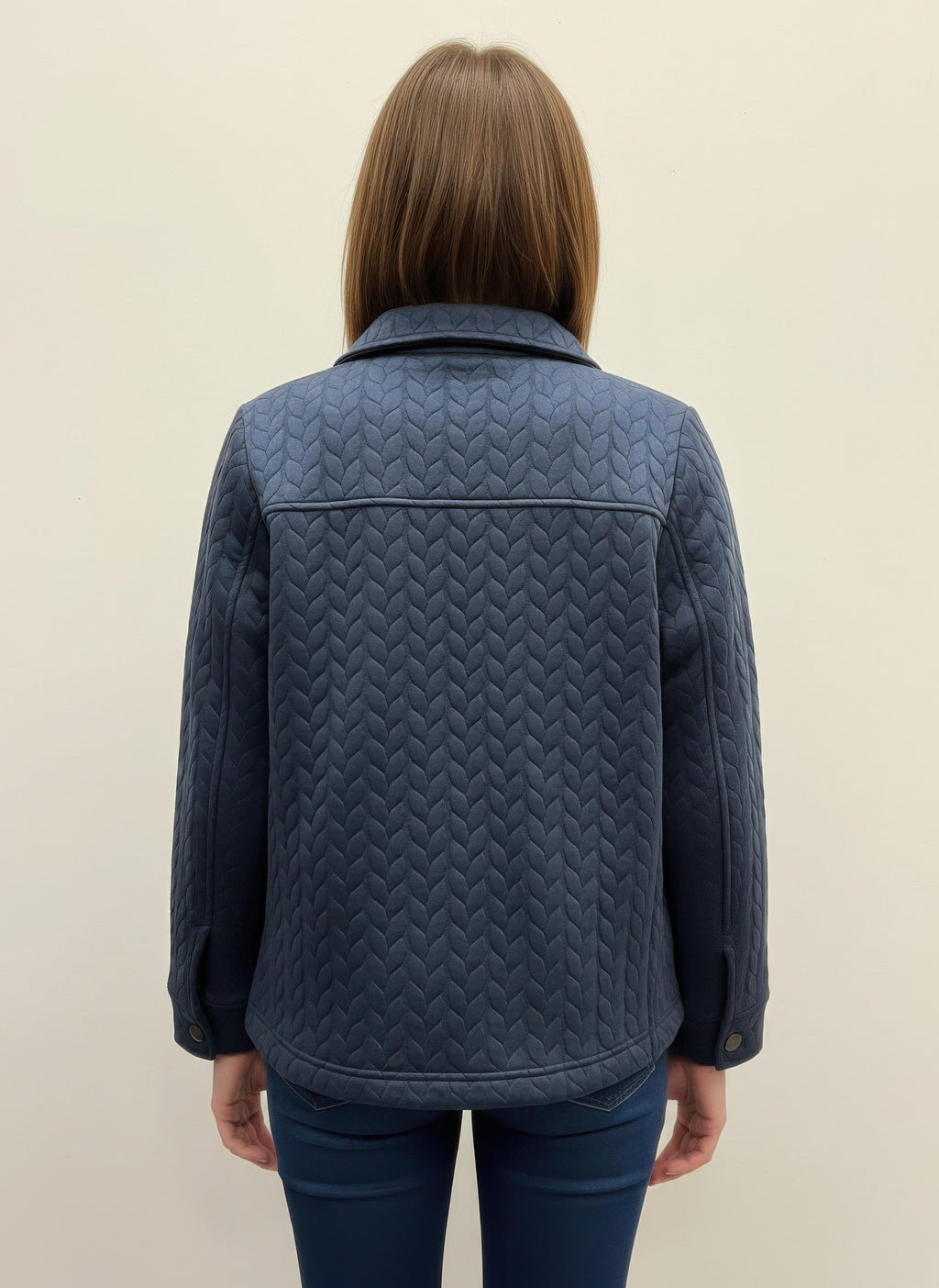 Casual textured jacket, navy quilted back with stand collar and buttoned cuff details