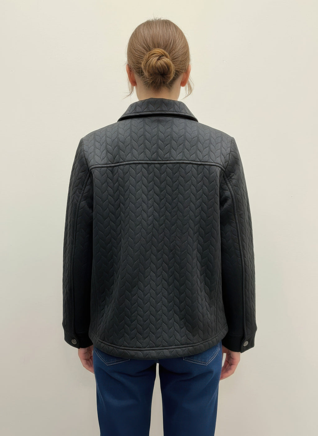 Casual textured jacket, black quilted back with stand collar and buttoned cuffs