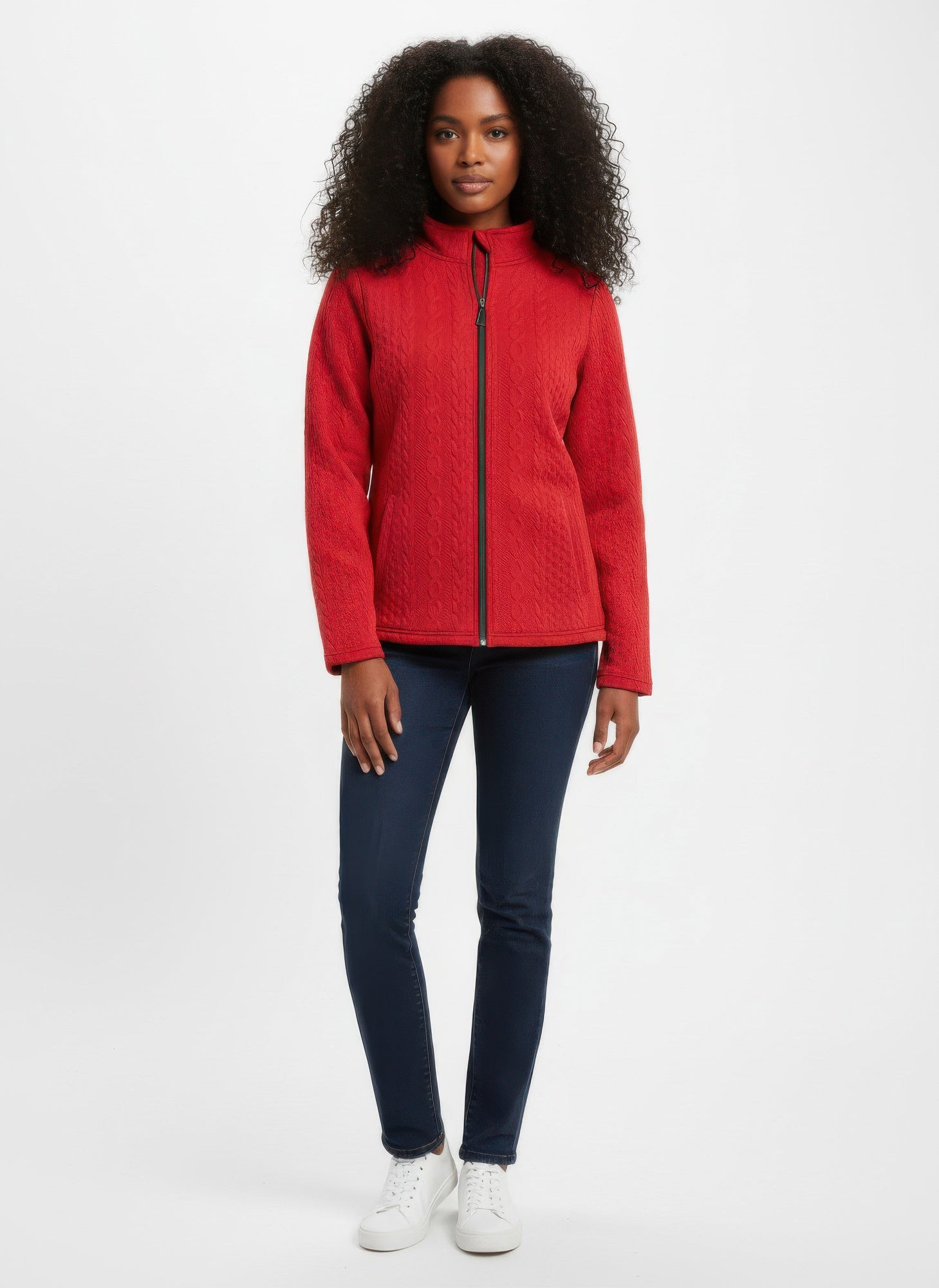 Red textured casual jacket, front zip and stand collar