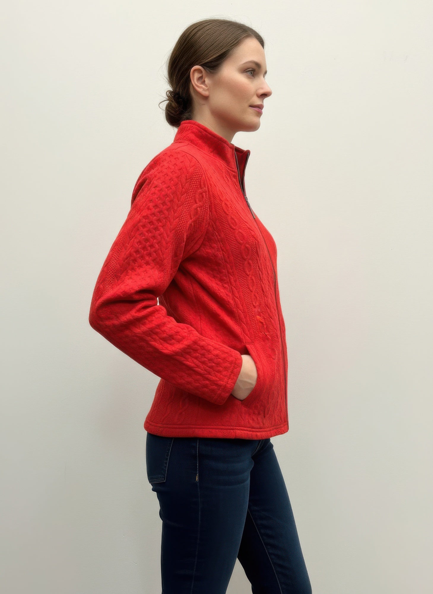 Red textured casual jacket, side view with zip-front and stand collar