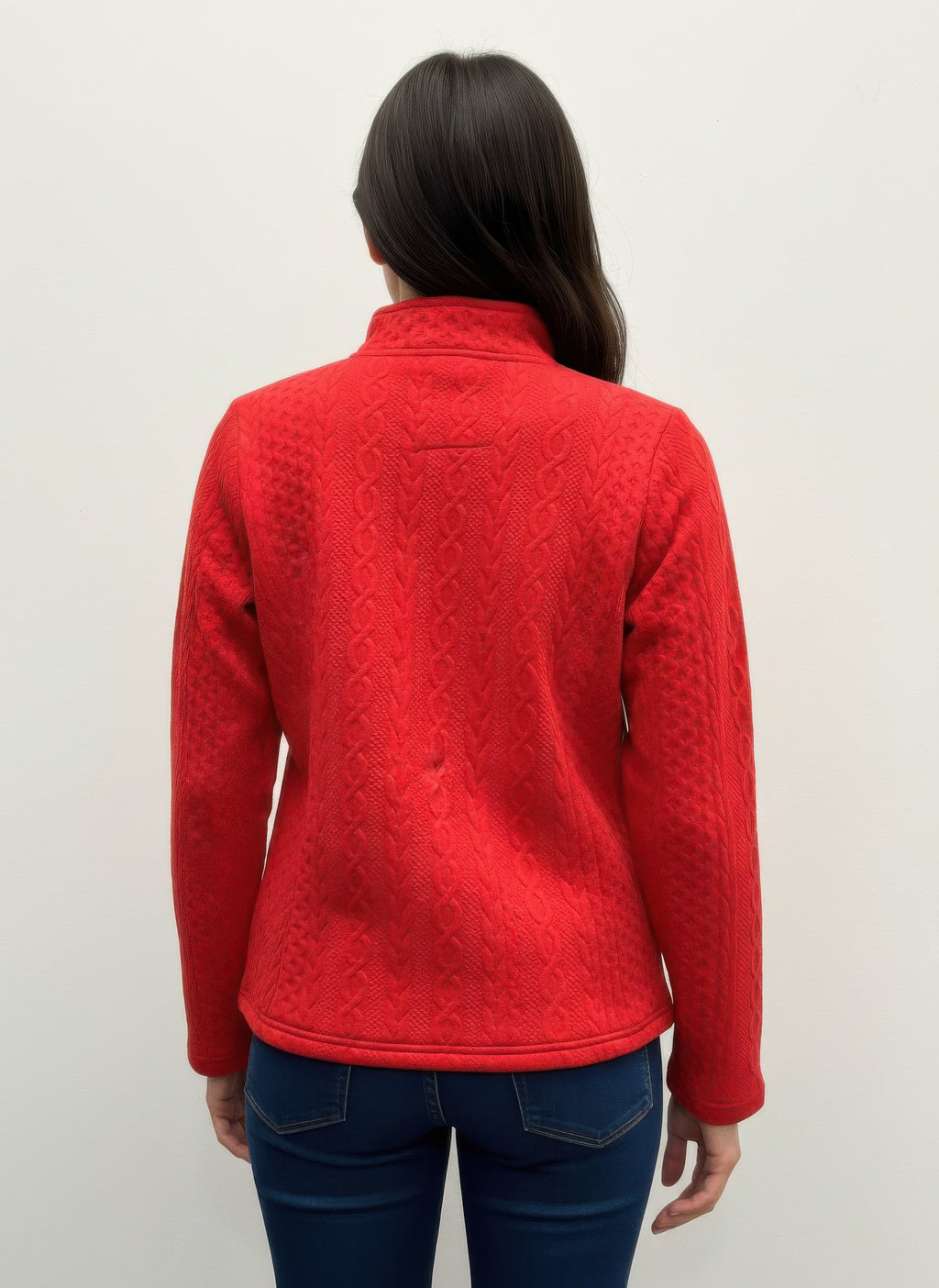 Red textured casual jacket, back view with zip and stand collar