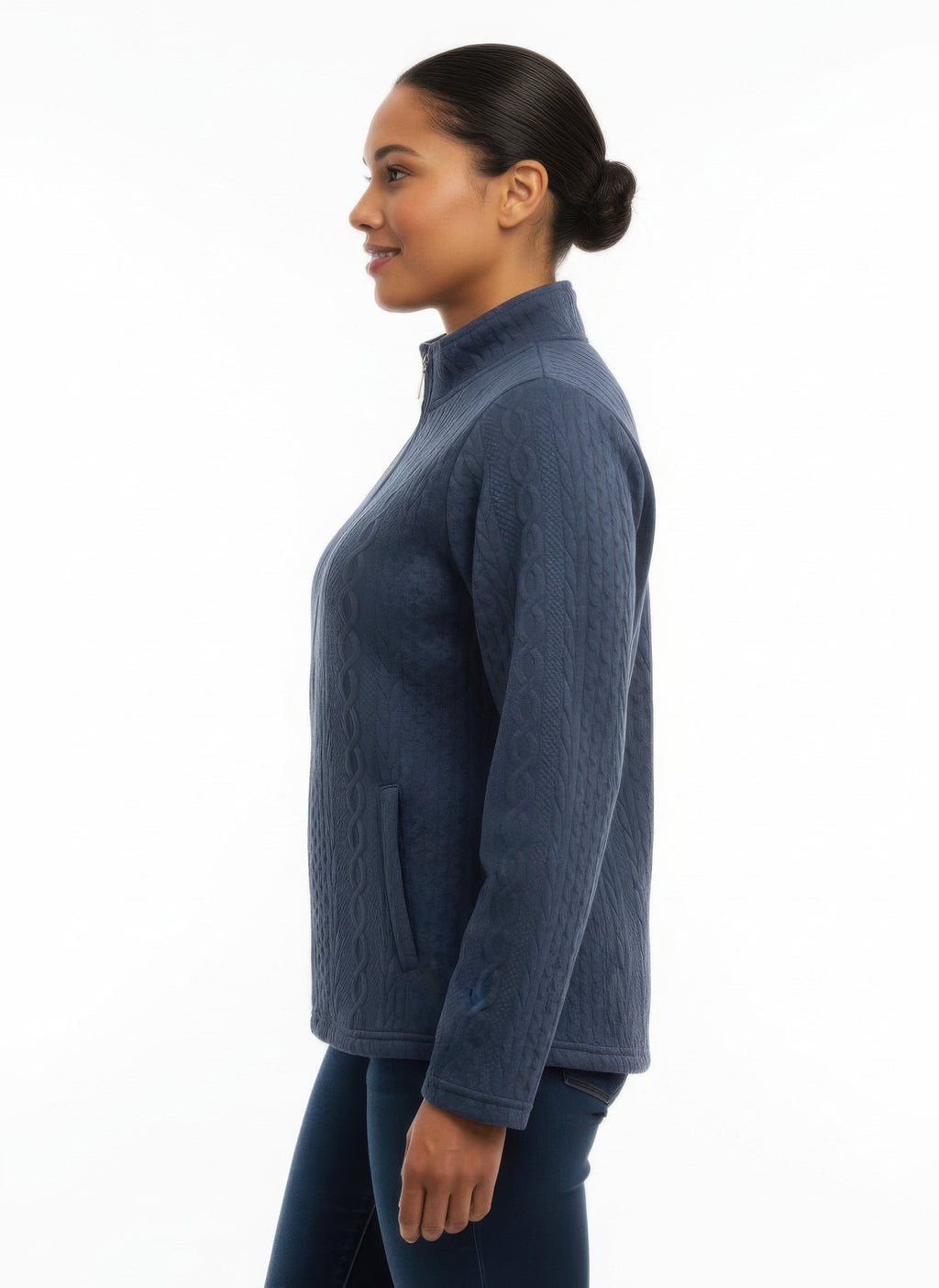 Navy textured casual jacket, side profile with sleeve and side pocket