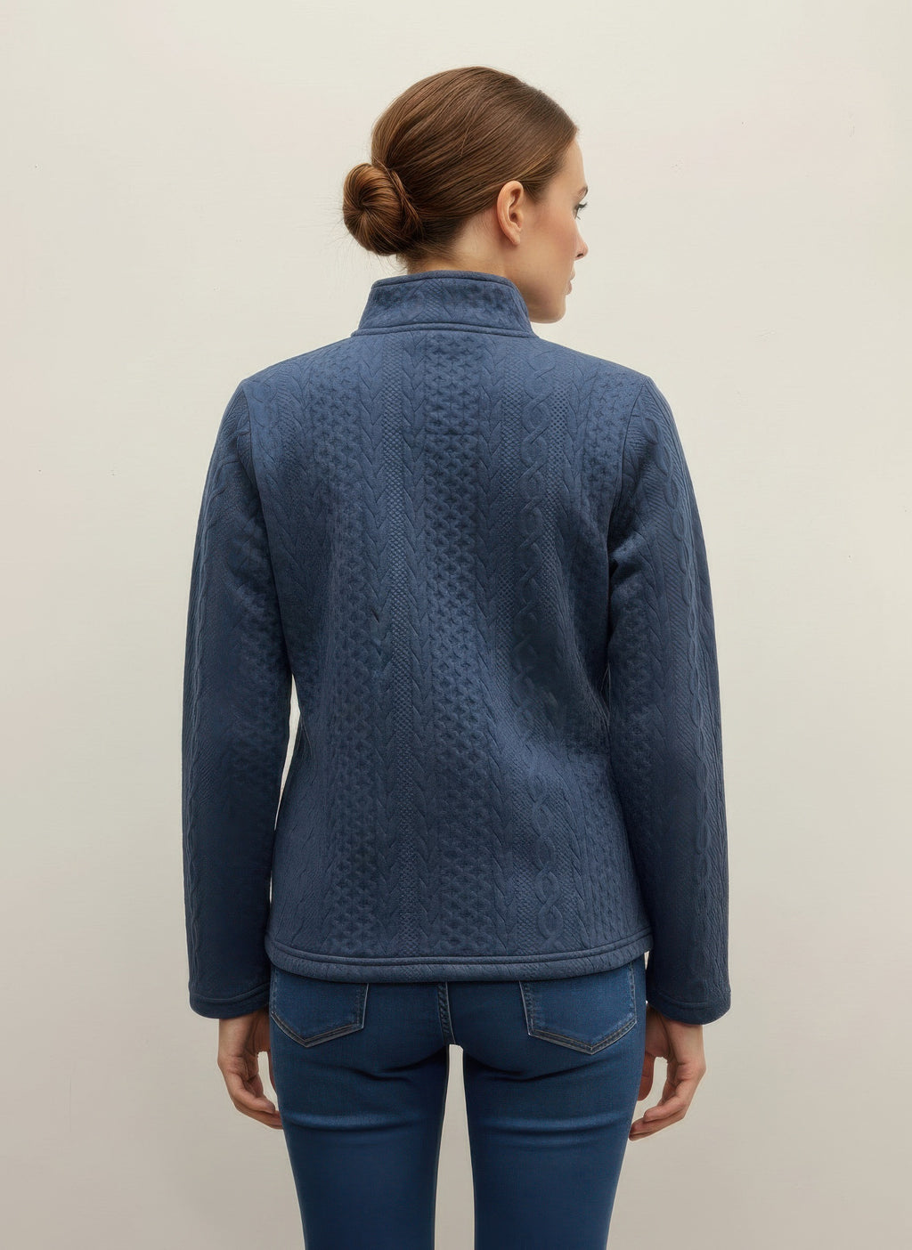 Navy textured casual jacket, back view with full zip and stand collar