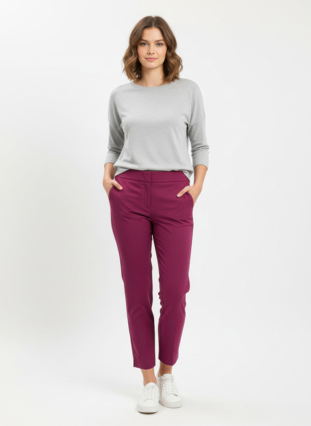 Magenta pull-on solid pants, elastic waist, tapered ankle-length legs