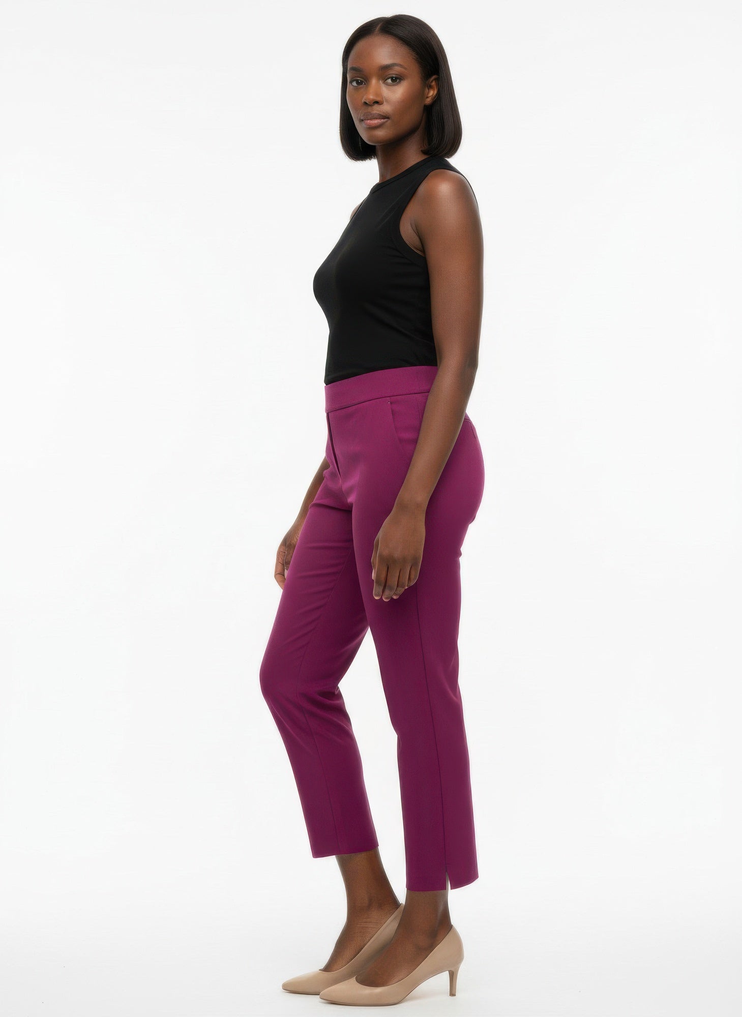 Magenta pull-on pants, side view; cropped tapered legs with elastic waist