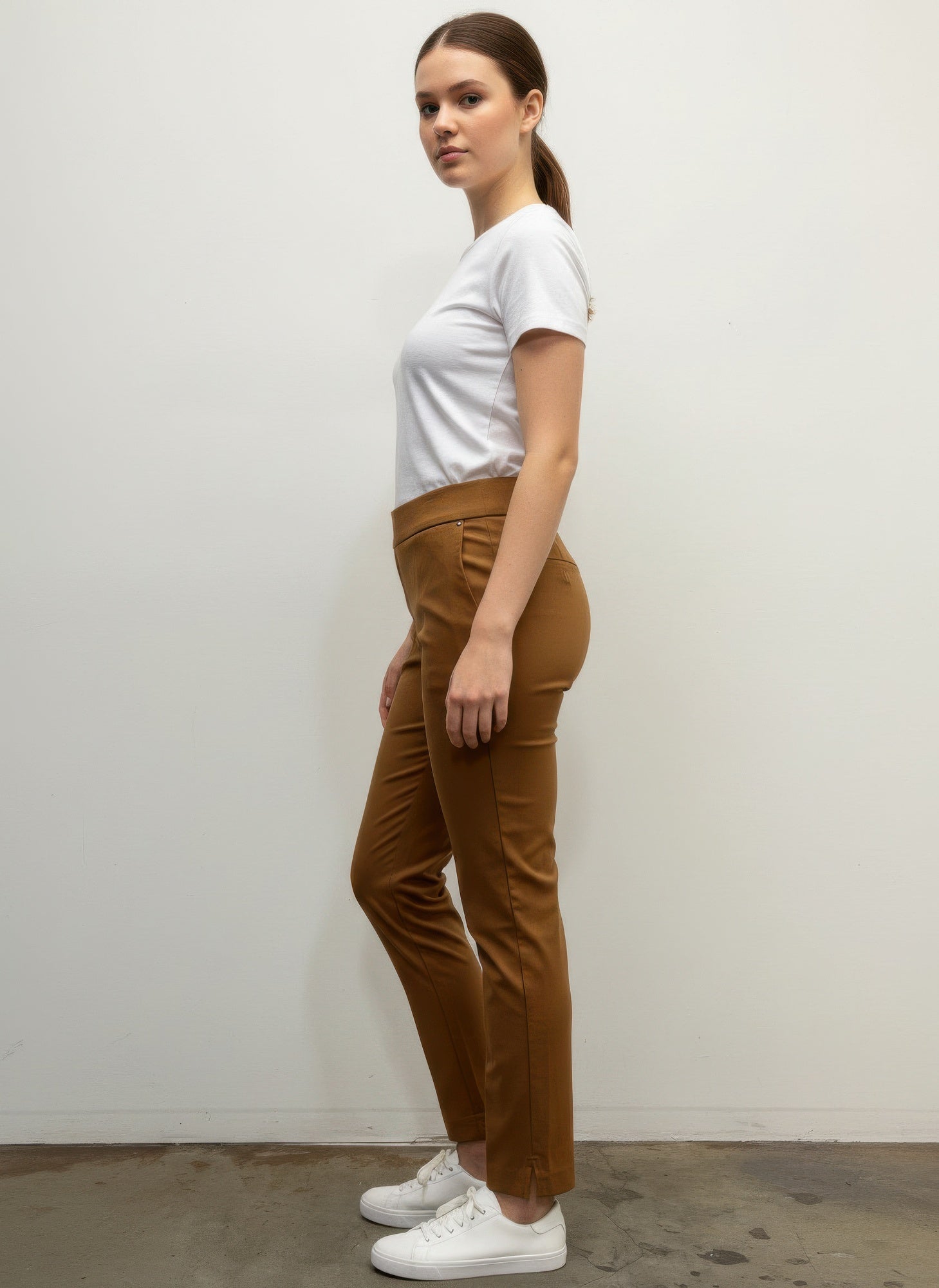 Tobacco pull-on pants, side profile; tapered ankle-length legs, elastic waist