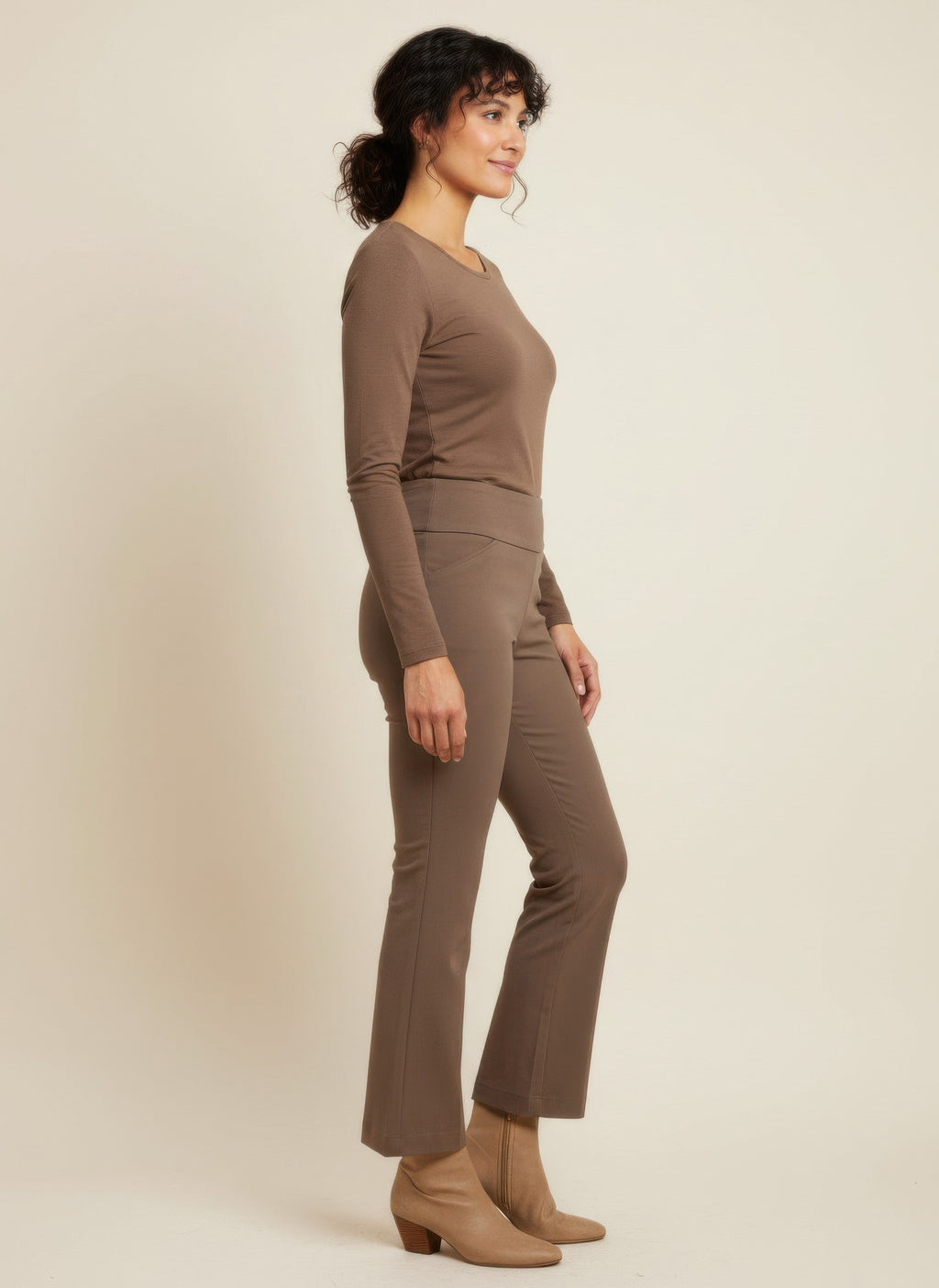 Solid Pull-On Pants, Woodchip brown flared cropped leg with pull-on waistband