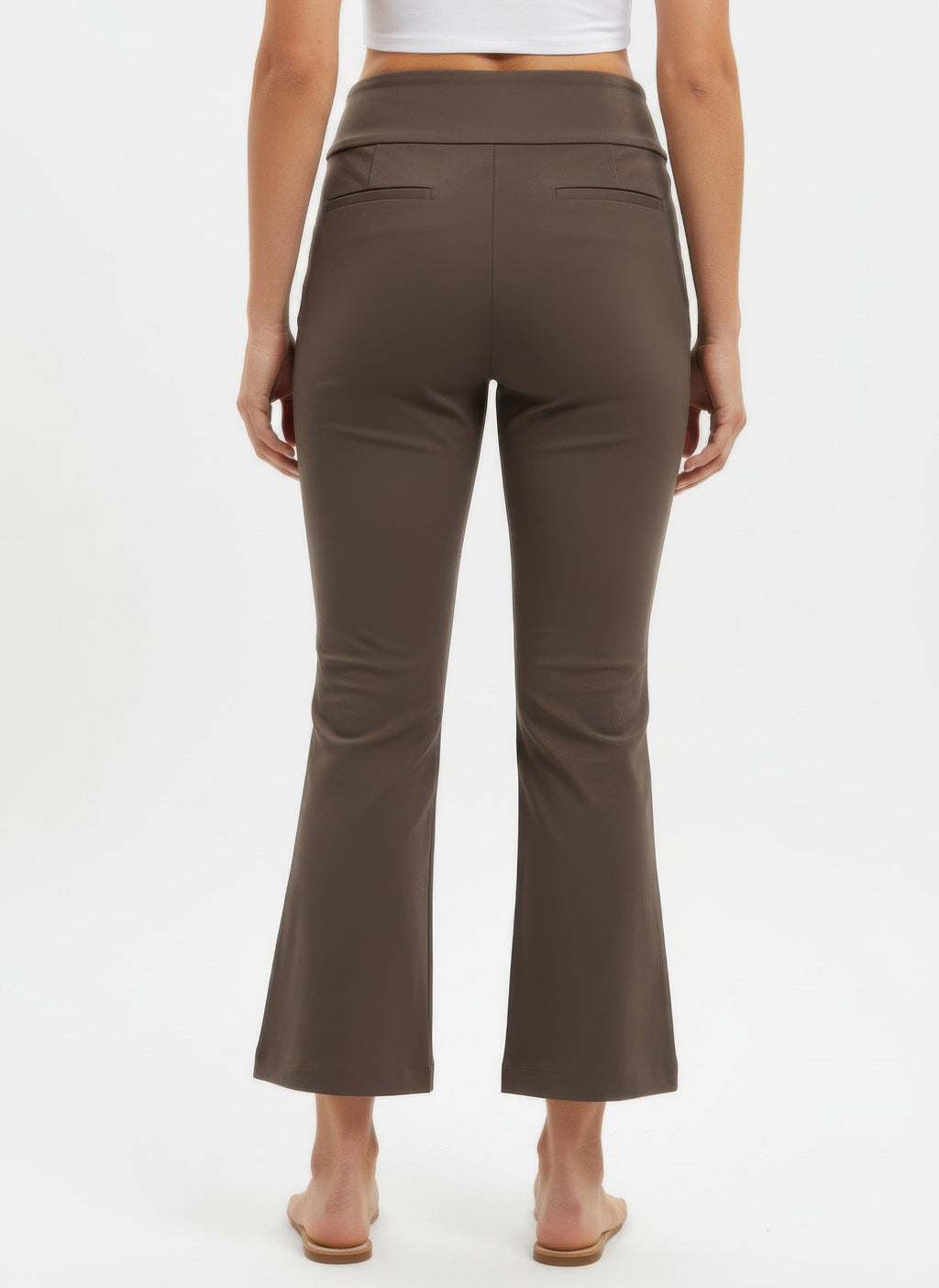 Woodchip Solid Pull-On Pants close view: seams and pull-on waistband, flared hem