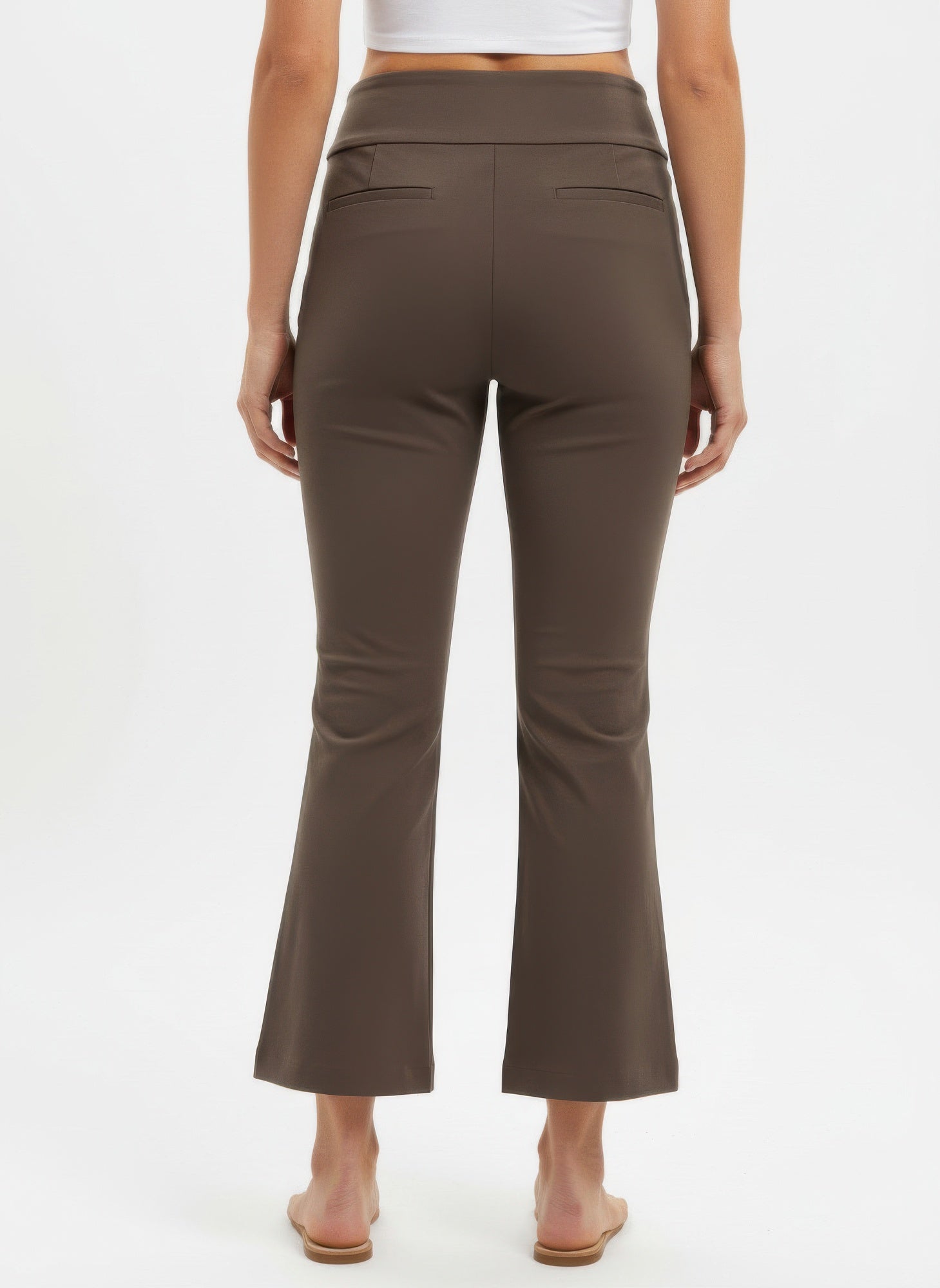 Woodchip Solid Pull-On Pants close view: seams and pull-on waistband, flared hem