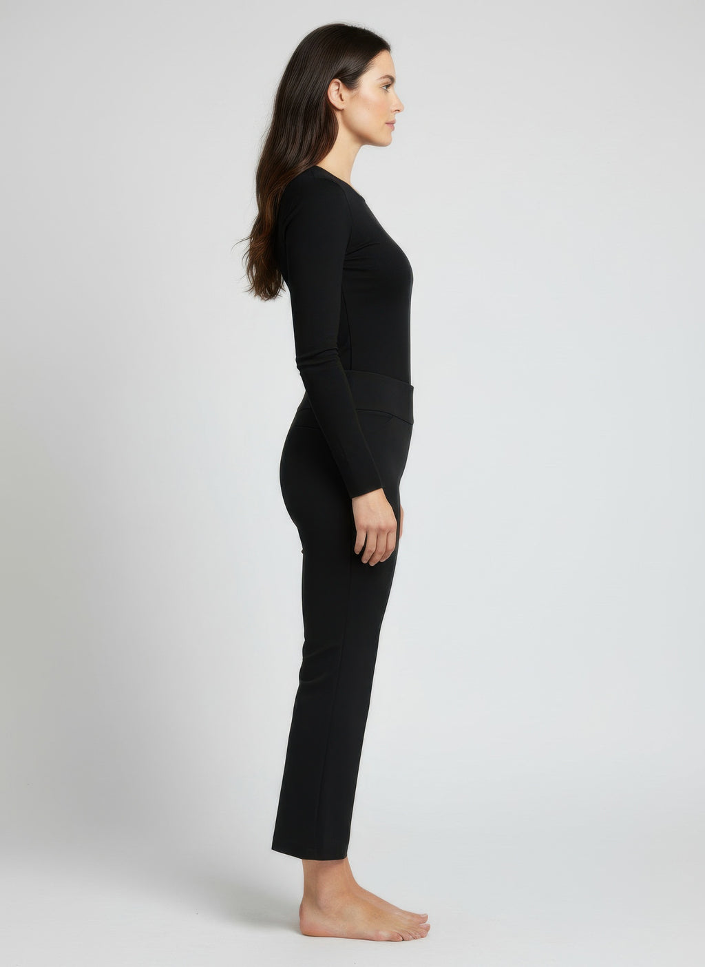 Black Solid Pull-On Pants side view, slim straight leg with pull-on waistband