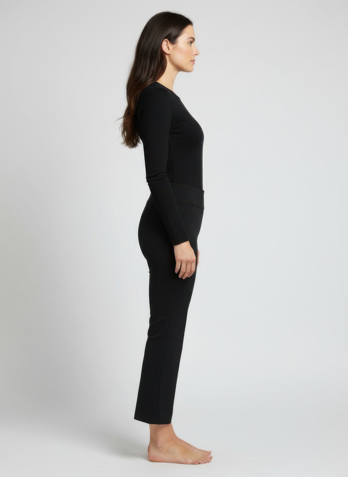 Black Solid Pull-On Pants side view, slim straight leg with pull-on waistband