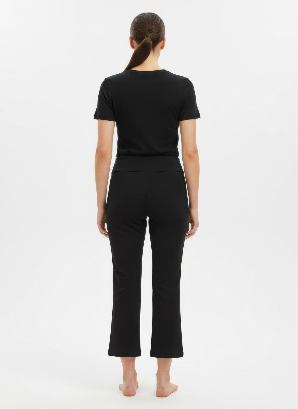Black Solid Pull-On Pants back view, pull-on waistband and cropped flare hems