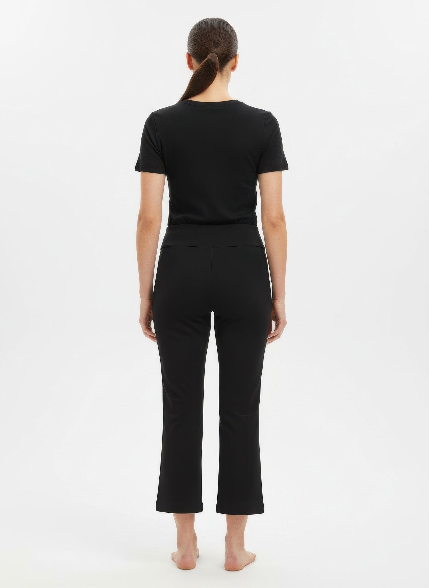 Black Solid Pull-On Pants back view, pull-on waistband and cropped flare hems