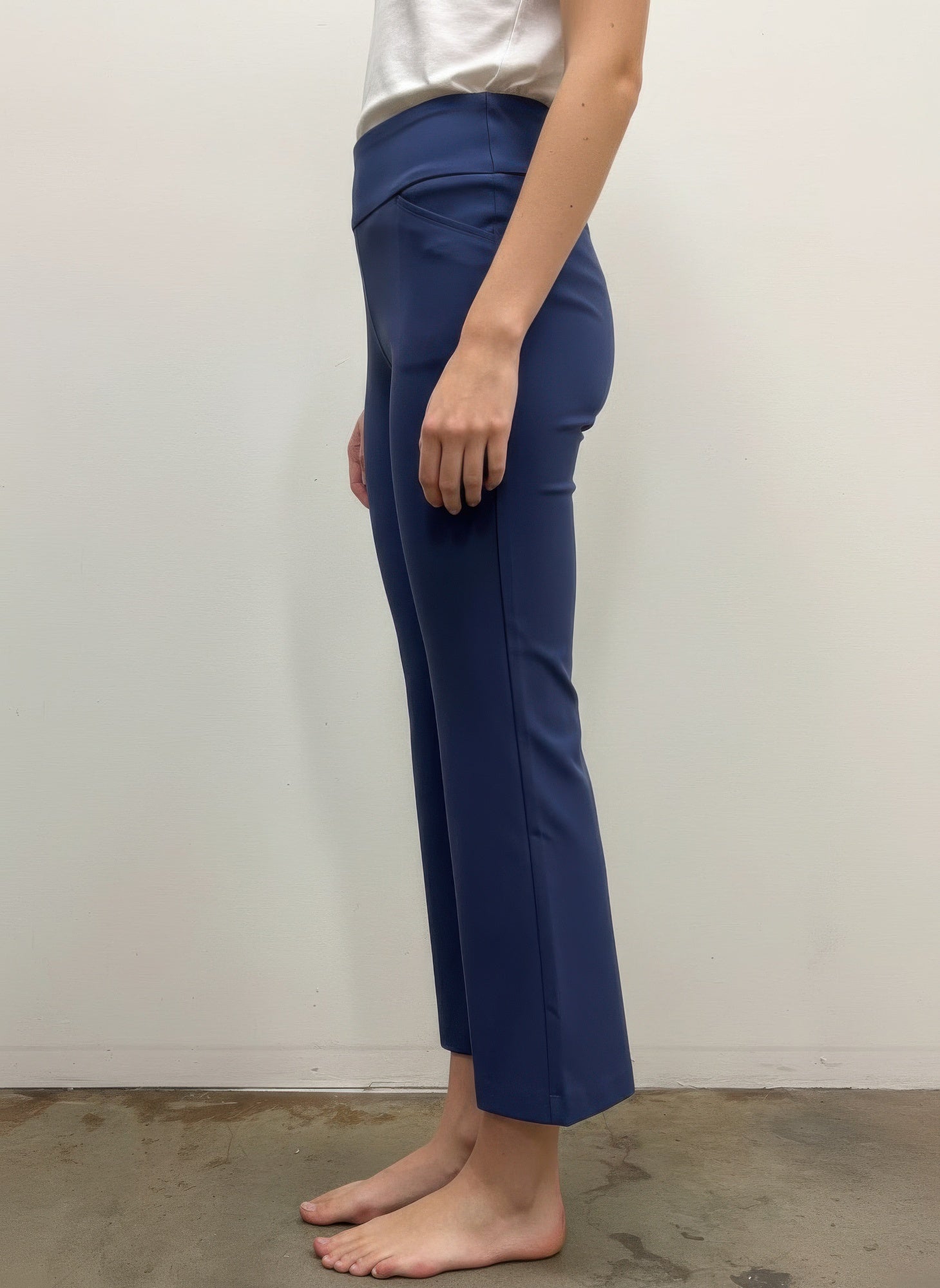 Ink blue Solid Pull-On Pants close-up: pull-on waistband and straight flared hem