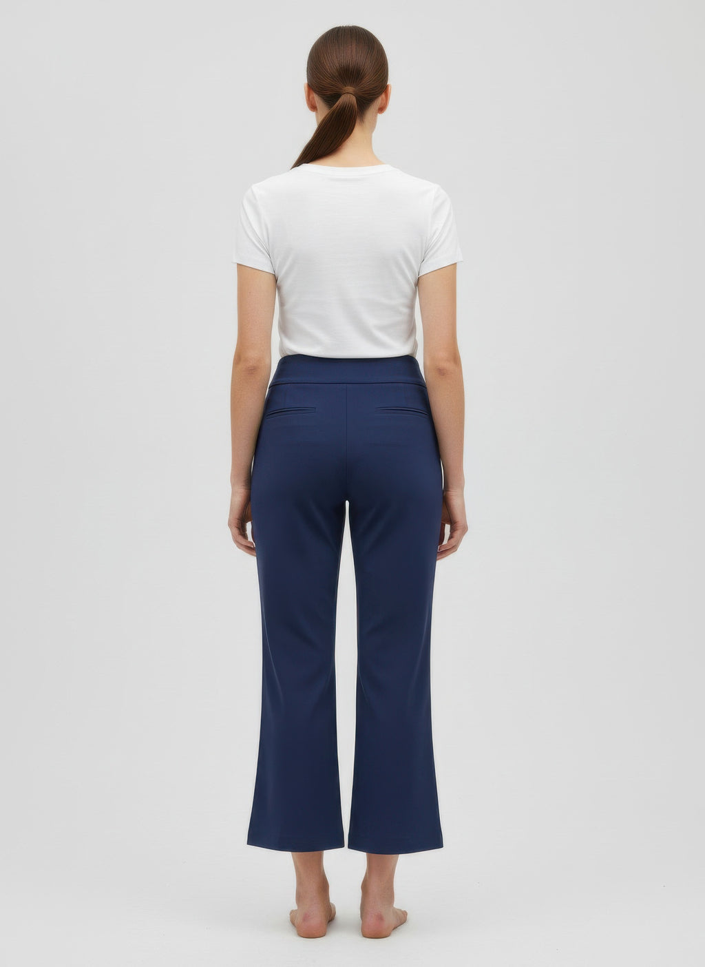 Ink blue Solid Pull-On Pants back view, cropped flare leg with pull-on waistband