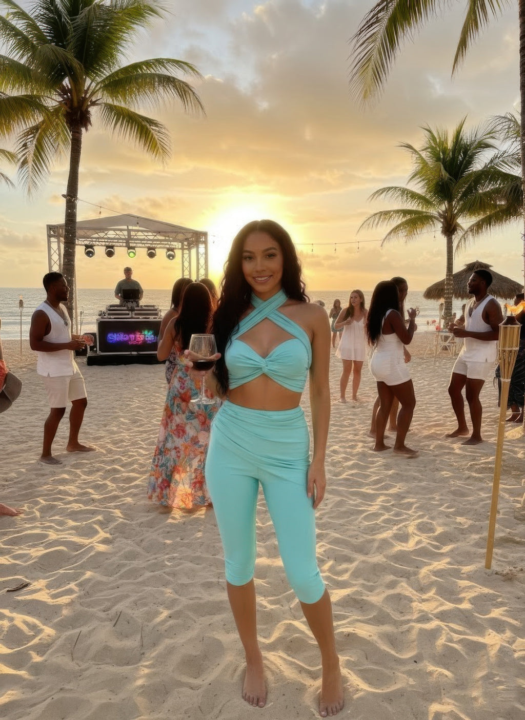 Aqua-mint Crisscross Halter-Set mit Twist-Knoten, Bustier oben und Caprihose
