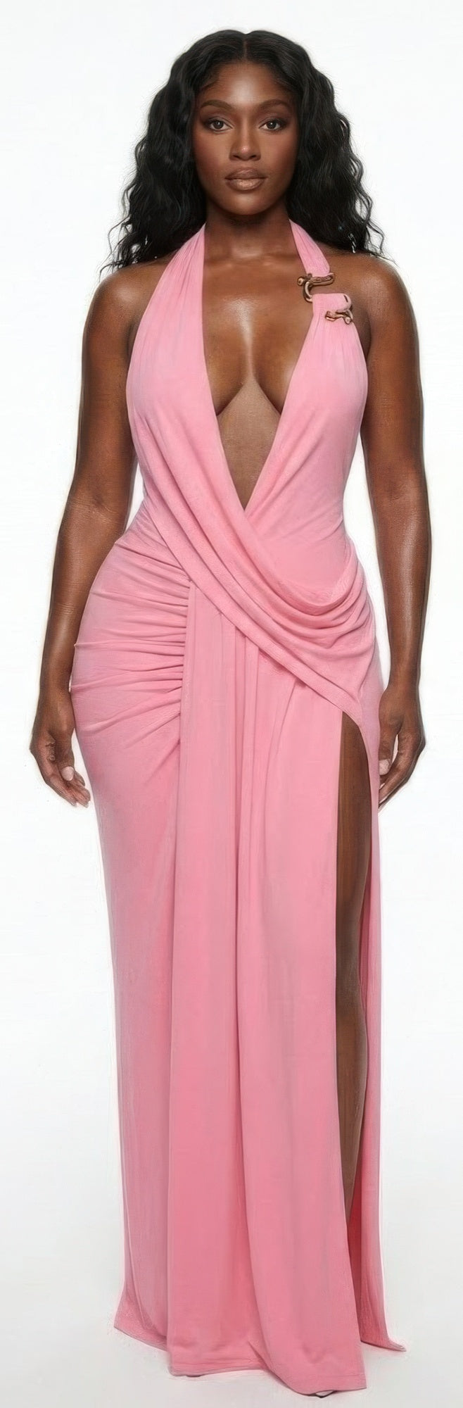 Bubble gum pink halter gown with deep V plunging neckline and gathered wrap drape